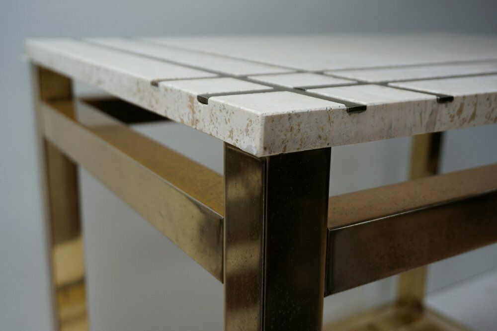 Travertine And Gold Side Table By Maison Jansen Alain Delon For Mario Sabot, 1970s photo for sale