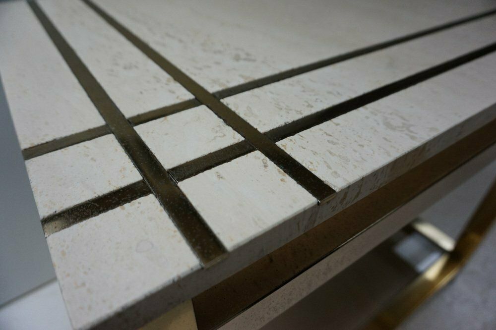 Travertine And Gold Side Table By Maison Jansen Alain Delon For Mario Sabot, 1970s photo vintage