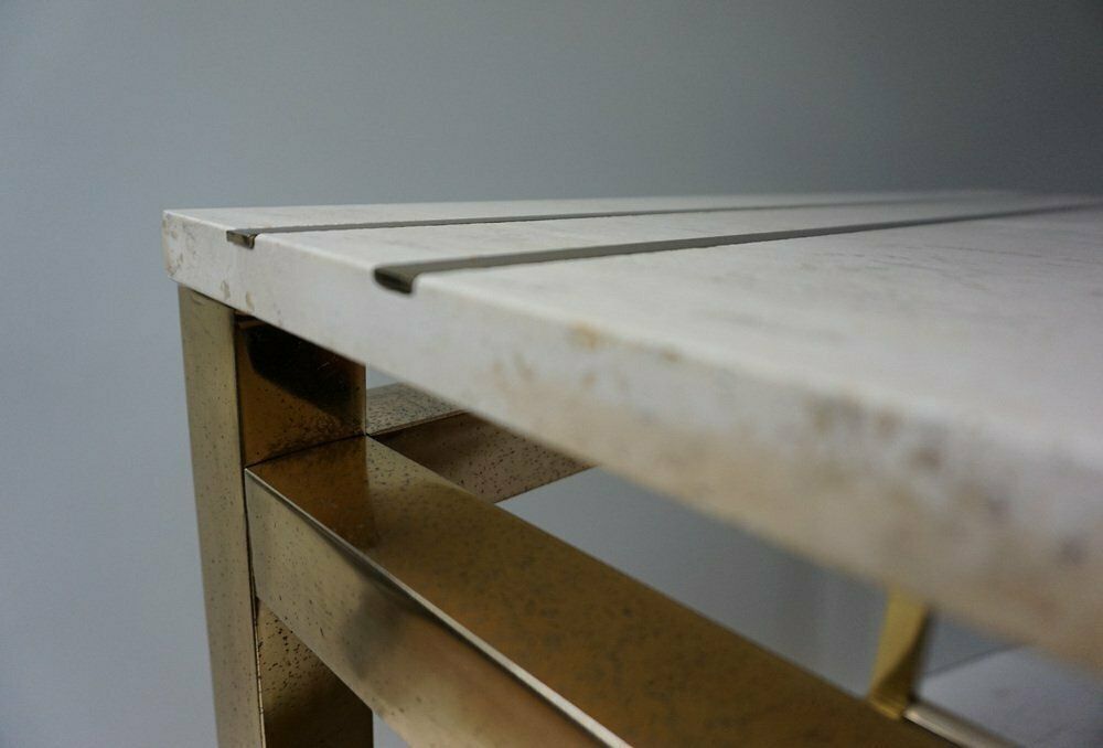 Furniture Travertine And Gold Side Table By Maison Jansen Alain Delon For Mario Sabot, 1970s photo