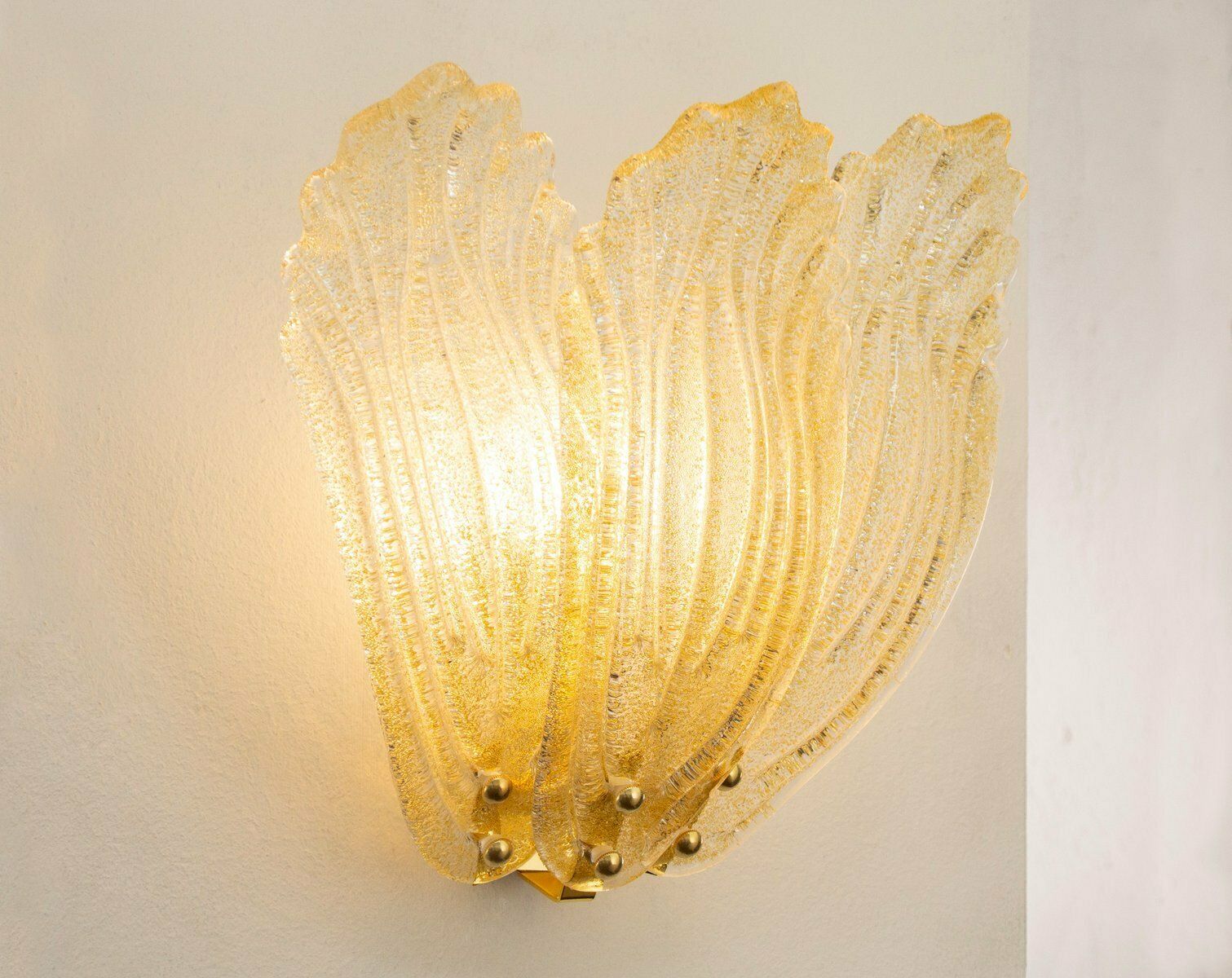 Large Applique With 3 Leaves In Murano Glass, Amber Color And Gold Structure, Italy photo furniture