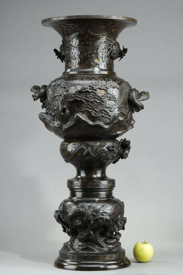 Large Bronze Vase Sculpted With Chimeras, Dragons, Birds Of Prey And Phnix.