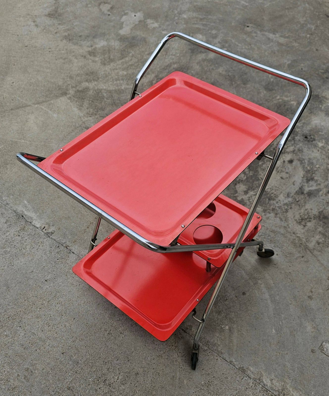 Space Age Collapsible Serving Trolley // Orange Vintage Bar On Wheels // Rolling Mini Bar // Made In West Germany In 1970s photo for sale