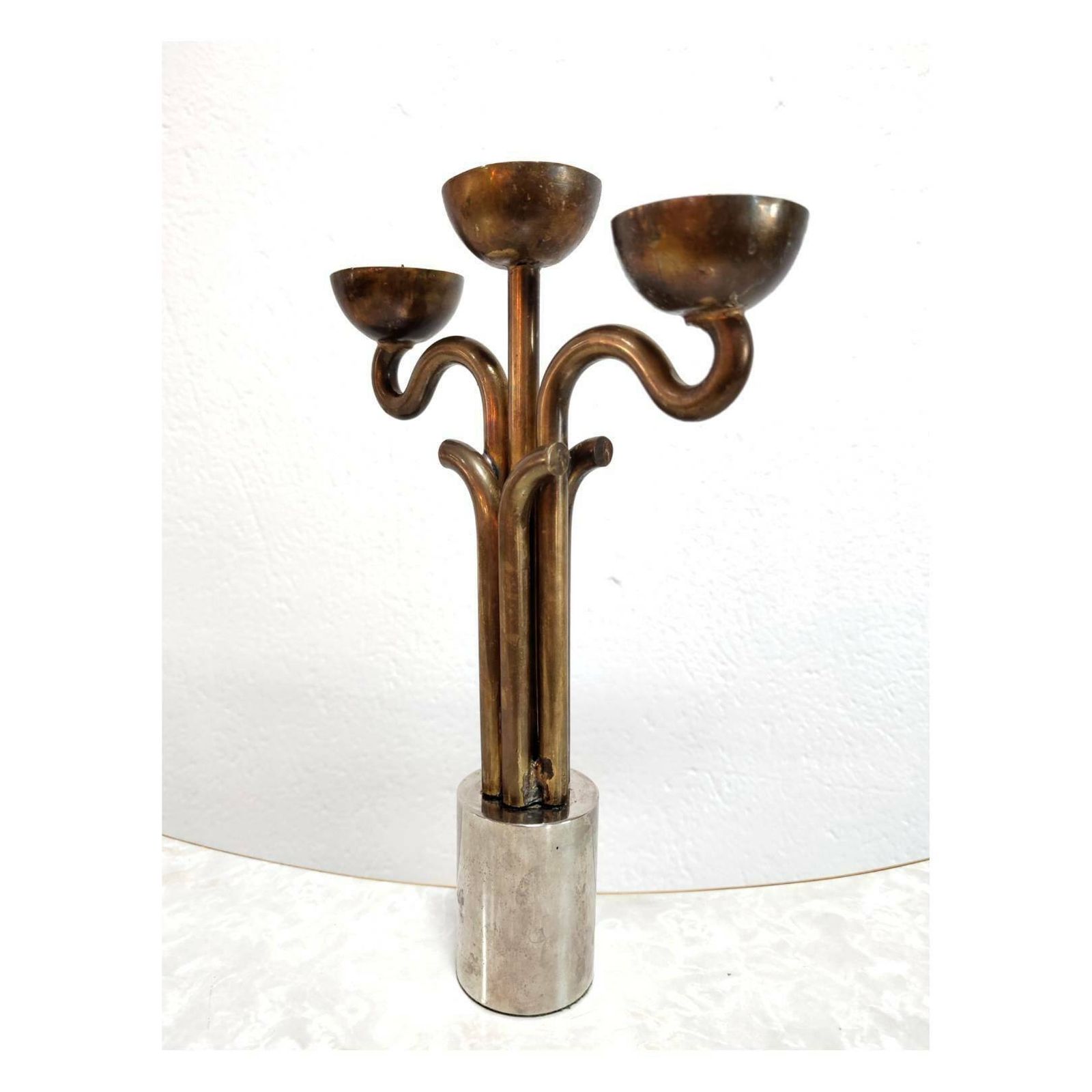 Rare Brutalist Three Arm Candlestick Holder Done In Bronze // Made In Italy In 1970s photo vintage