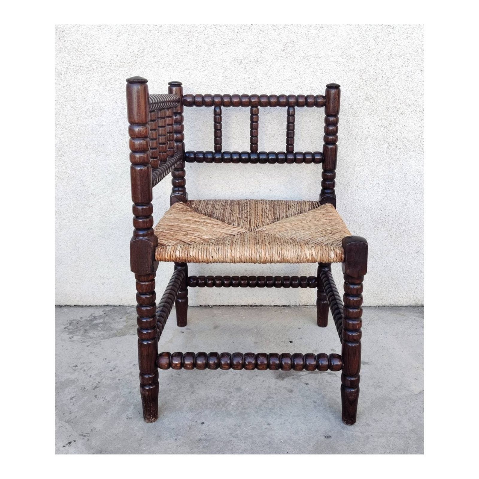 Very Rare Antique French Provincial Carved Oak Bobbin Rush Corner Chair // Pettite Antique Armchair // Made In France In 1910s photo for sale