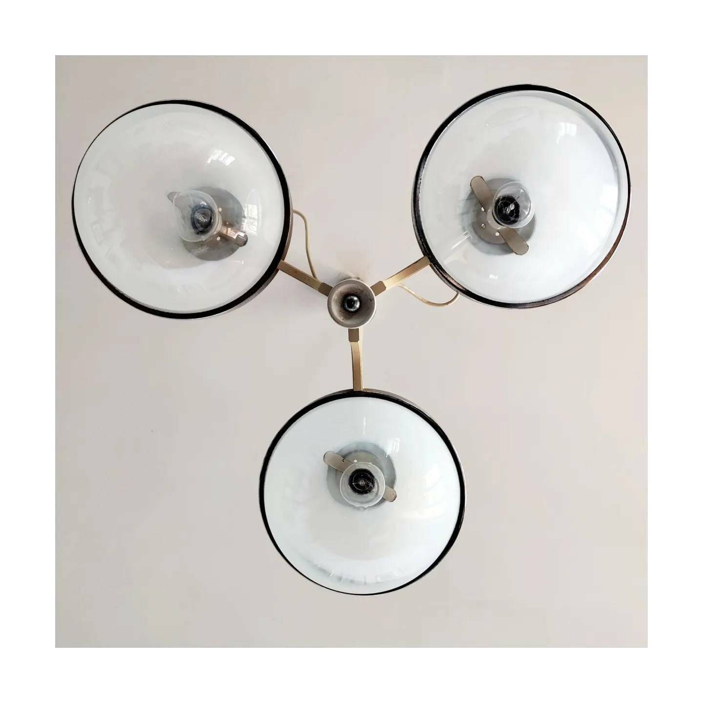 Rare Space Age Pendant With 3 Large Opaline Glass Balls Held By Chrome Rings // Modernist Chandelier In Gino Sarfatti Style // Made In Italy photo for sale
