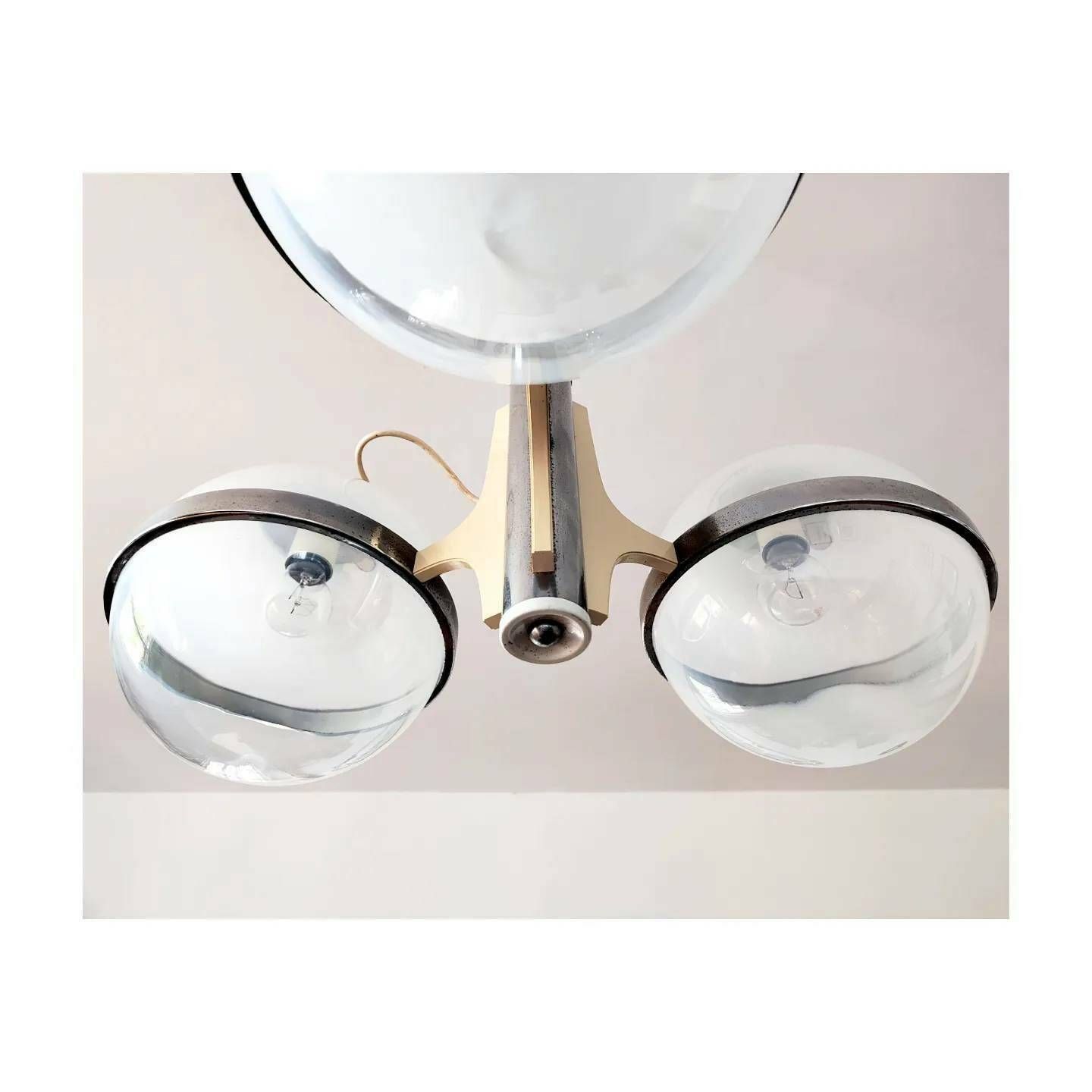 Rare Space Age Pendant With 3 Large Opaline Glass Balls Held By Chrome Rings // Modernist Chandelier In Gino Sarfatti Style // Made In Italy photo buy