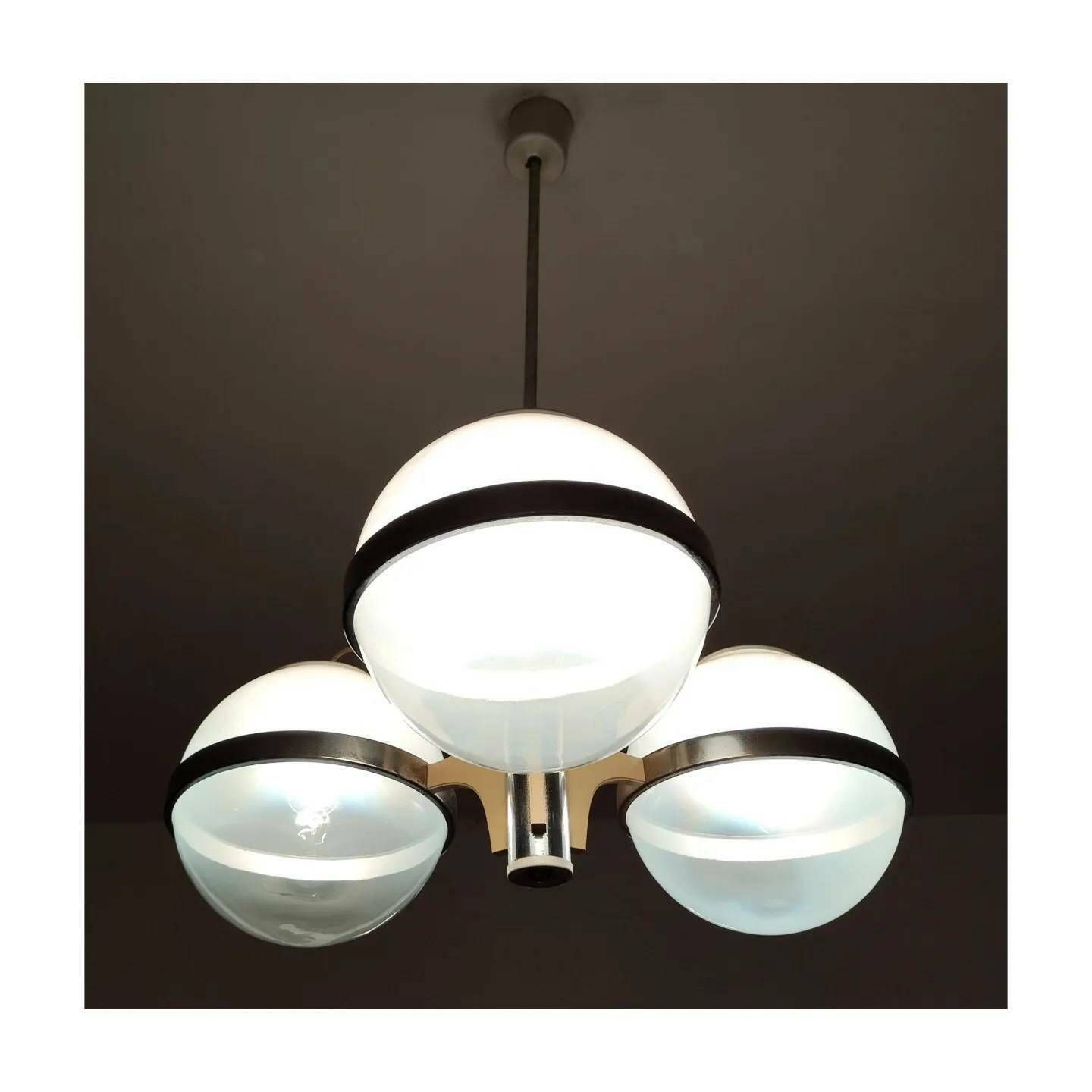 Rare Space Age Pendant With 3 Large Opaline Glass Balls Held By Chrome Rings // Modernist Chandelier In Gino Sarfatti Style // Made In Italy photo vintage