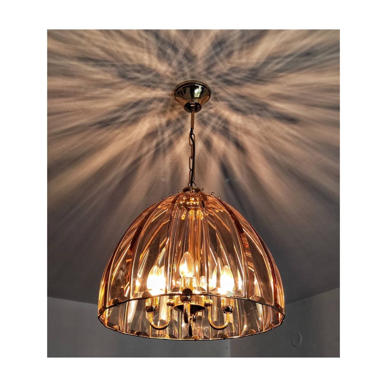 Very Rare Mid Century Modern Pendant/Chandelier By Honsel // Pink/Peach Faceted Glass Chandelier // Made In West Germany In 1970s
