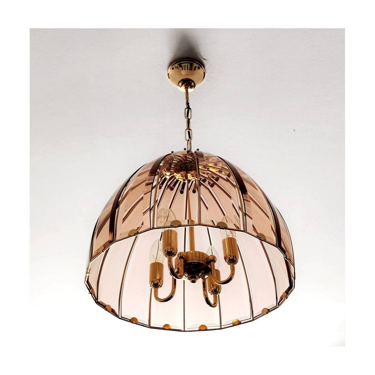 Very Rare Mid Century Modern Pendant/Chandelier By Honsel // Pink/Peach Faceted Glass Chandelier // Made In West Germany In 1970s photo vintage