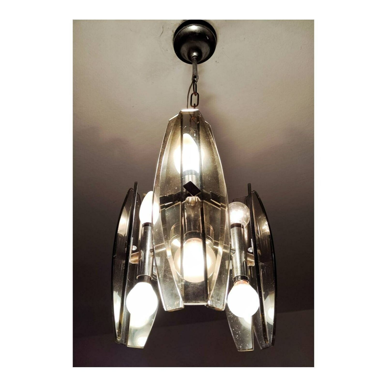 Glass Pendant Light By Veca In Chrome And Smoked Glass // Veca Chandelier In Murano Glass // Made In Italy In 1970s photo furniture