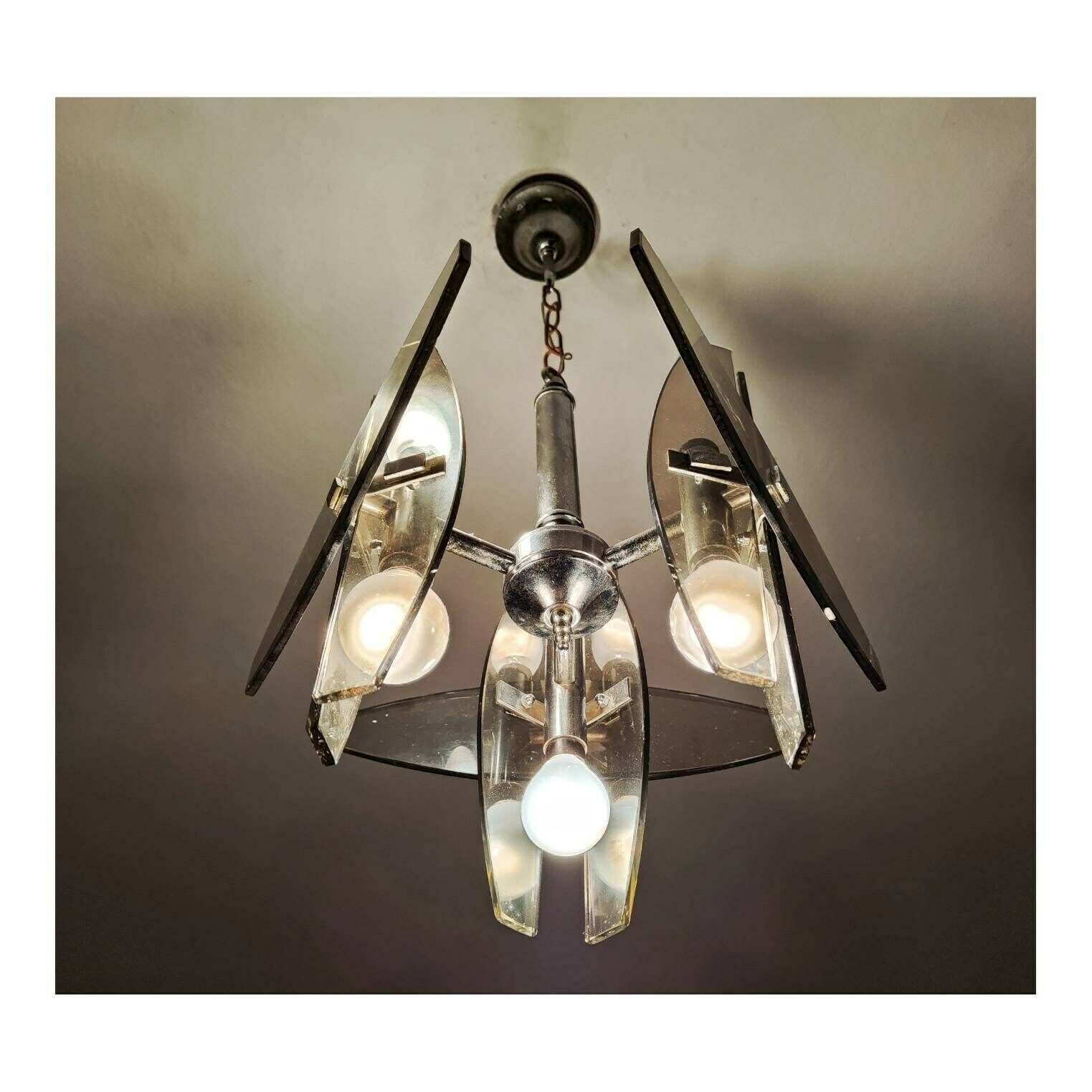 Glass Pendant Light By Veca In Chrome And Smoked Glass // Veca Chandelier In Murano Glass // Made In Italy In 1970s photo Lighting