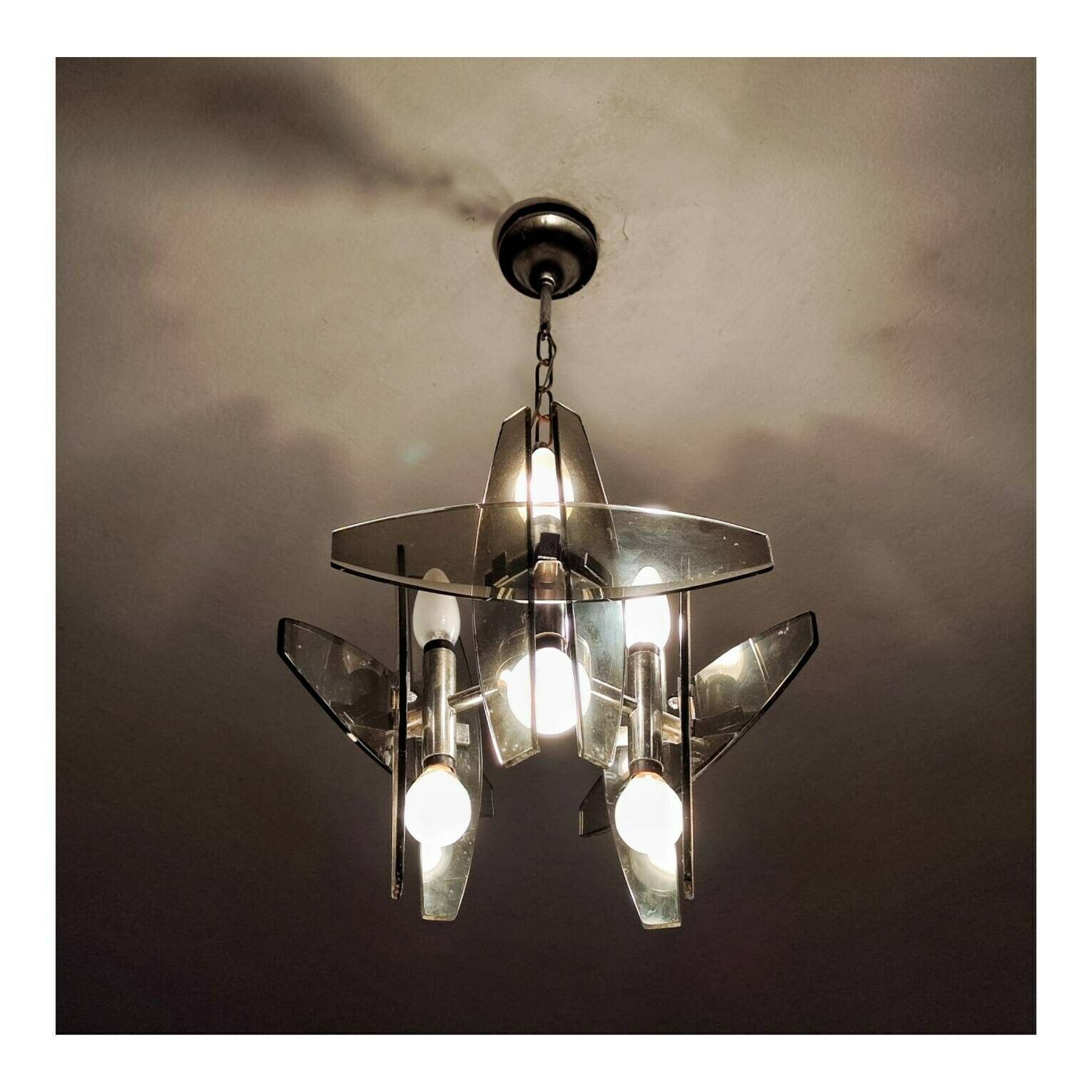 Glass Pendant Light By Veca In Chrome And Smoked Glass // Veca Chandelier In Murano Glass // Made In Italy In 1970s photo buy