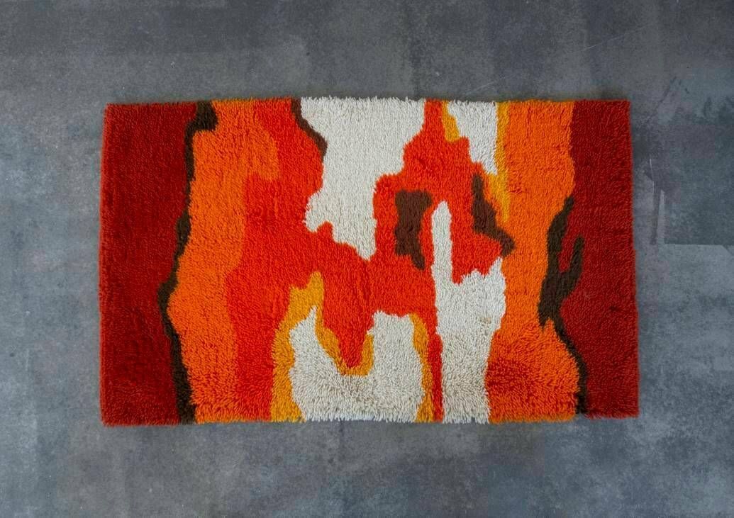 Swedish Rya Rug // Mid Century Rug // Orange And Red Rug // Made In Sweden In 1970s photo Textiles