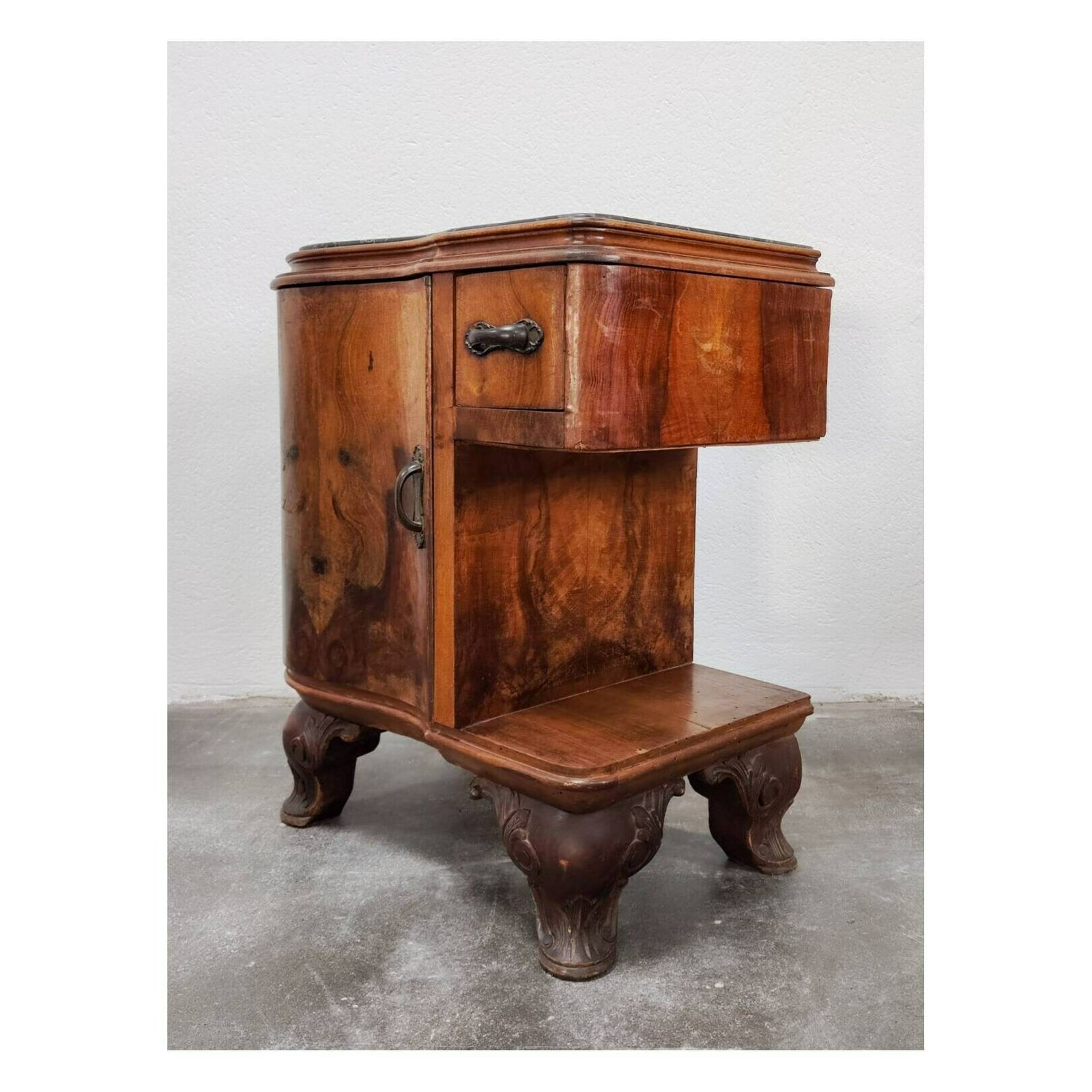 Pair Of Lixurious Art Deco Nightstands With Venetian Baroque Elements / Antique Bedside Tables With Nero Portoro Marble / Italy, 1920s photo for sale