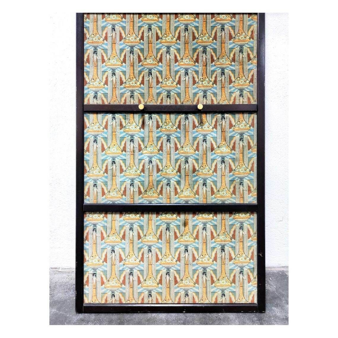 Antique Wall Mounted Coat Rack // Art Deco Coat Rack In Wood, Brass And Fabric With Klimt Esque Motifs // Made In Austria In 1920s photo furniture