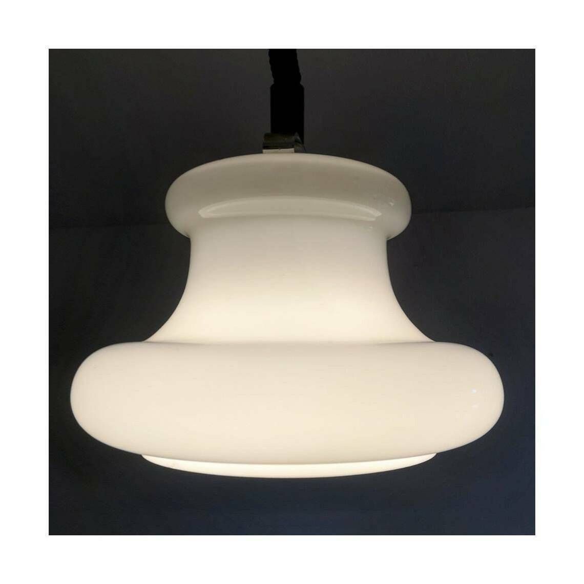 1970s Space Age White Opaline Glass Hanging Lamp // Mid Century Modern Glass Pendant Light // Made In Yugoslavia