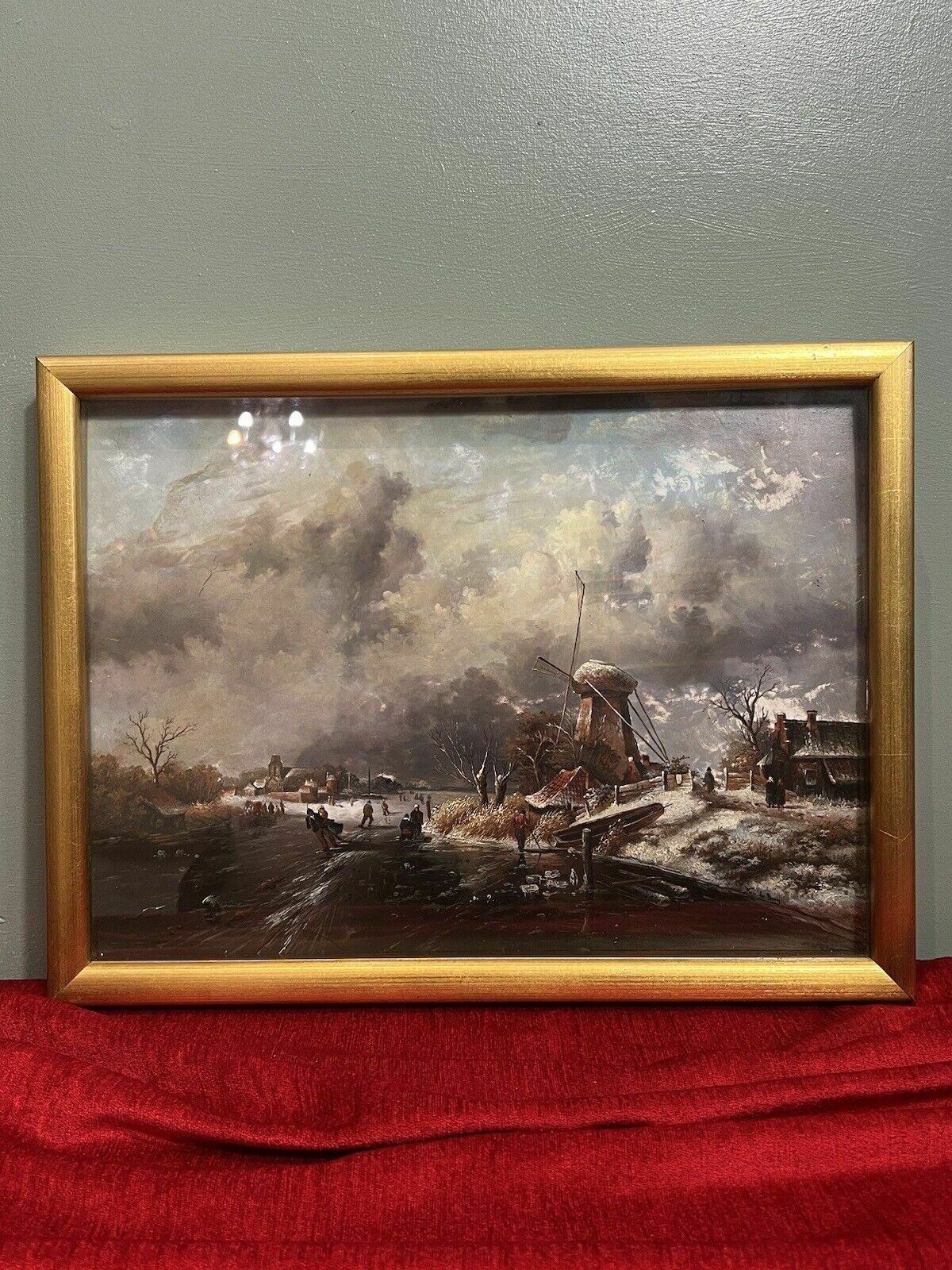 20th Century Dutch Winter Landscape Of Frozen River Ice Skating Scene Signed photo furniture