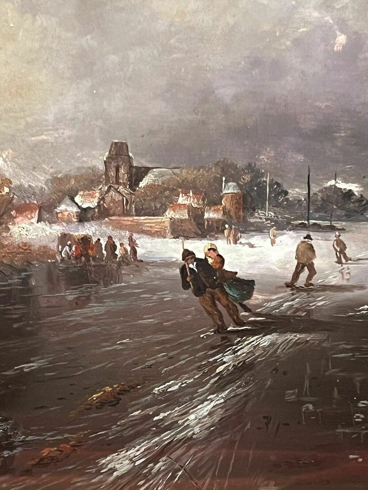 20th Century Dutch Winter Landscape Of Frozen River Ice Skating Scene Signed photo buy