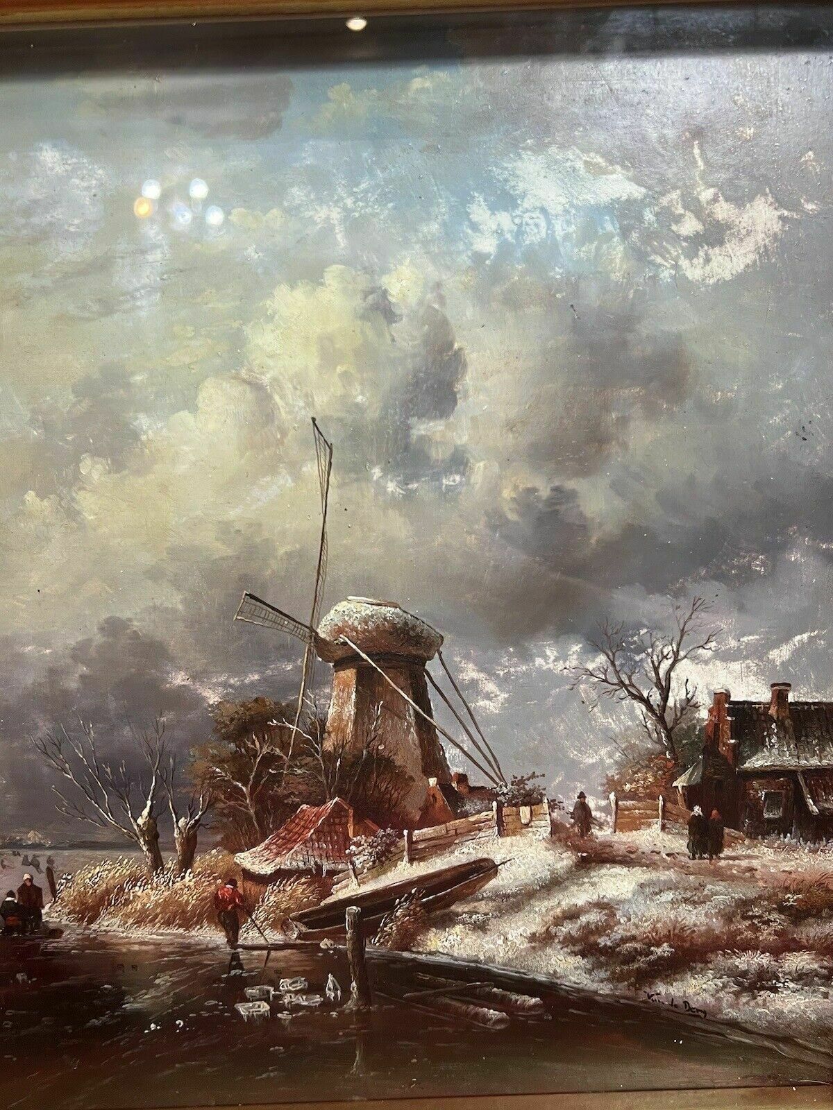 550.0 20th Century Dutch Winter Landscape Of Frozen River Ice Skating Scene Signed photo