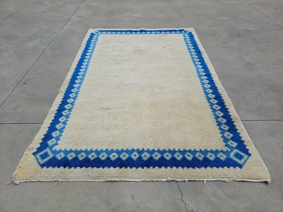 Extra Large Blue And Cream Modernist Woolen Rug // Xl Vintage Rug // Mid Century Modern Rug //Made In West Germany In 1980s