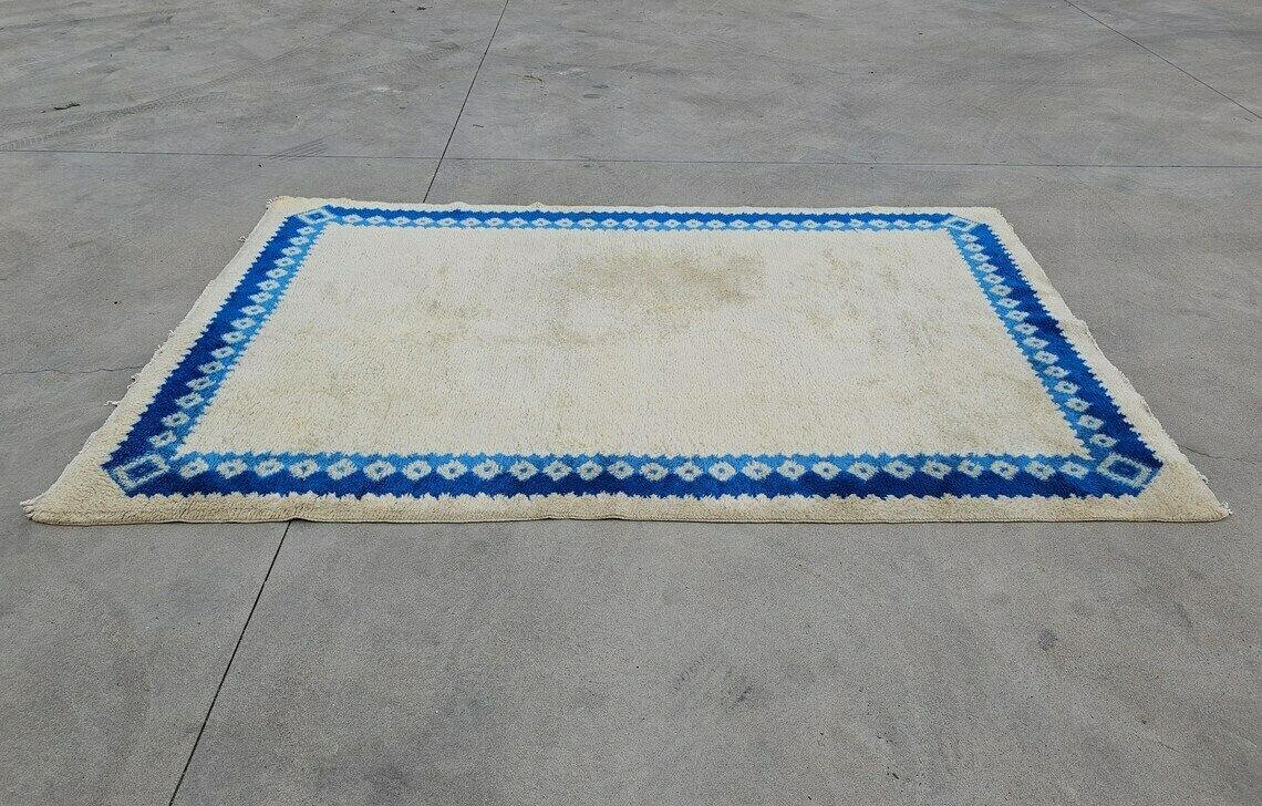 Extra Large Blue And Cream Modernist Woolen Rug // Xl Vintage Rug // Mid Century Modern Rug //Made In West Germany In 1980s photo for sale
