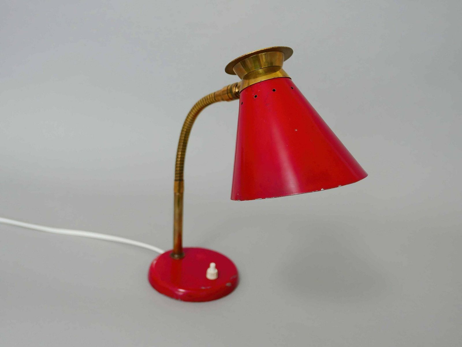 Red And Gold Vintage Mid Century Gooseneck Desk Lamp, French, 1950s: Stylish Illumination For Home Decor