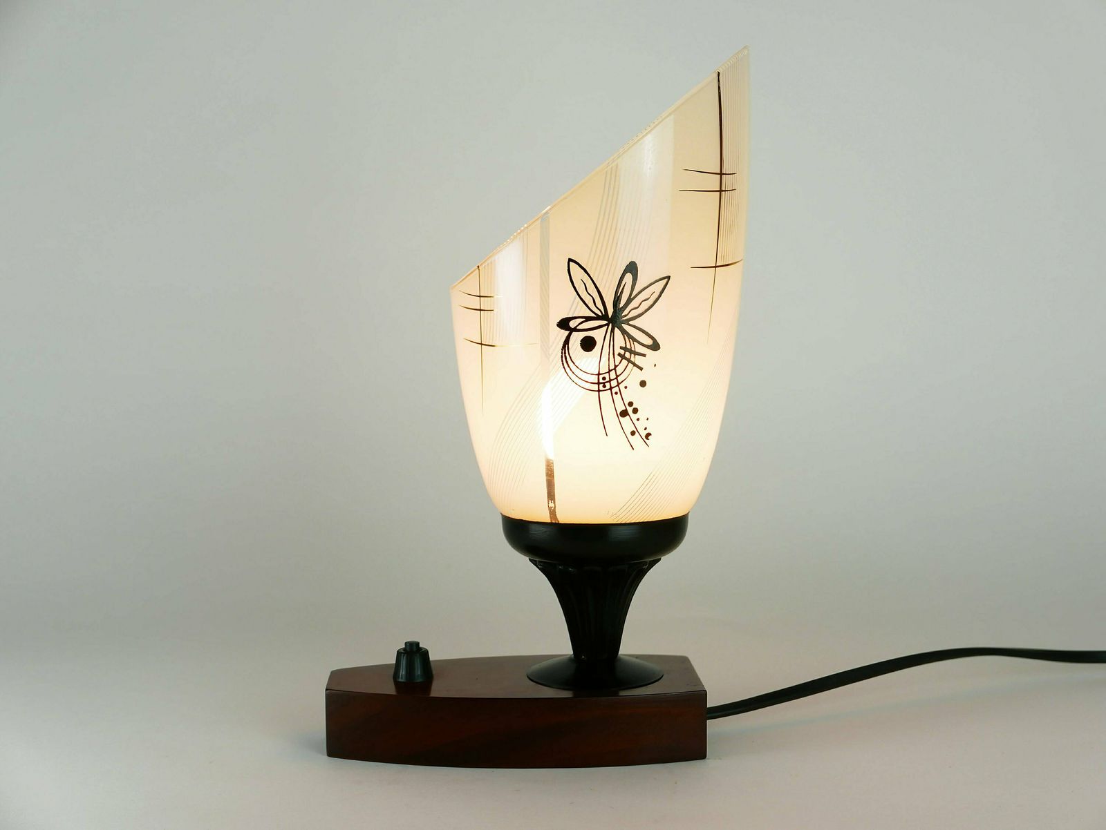 Vintage Mid Century Desk Lamp With Wooden Base & Glass Pendant Shade, Germany, 1950s: Stylish Illumination For Home Decor