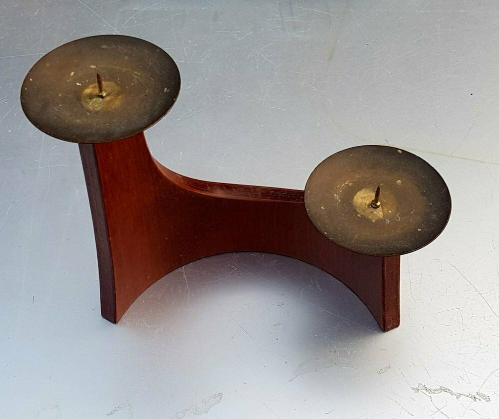 Curved Danish Teak Candle Holder For Two Candles 1960s photo for sale