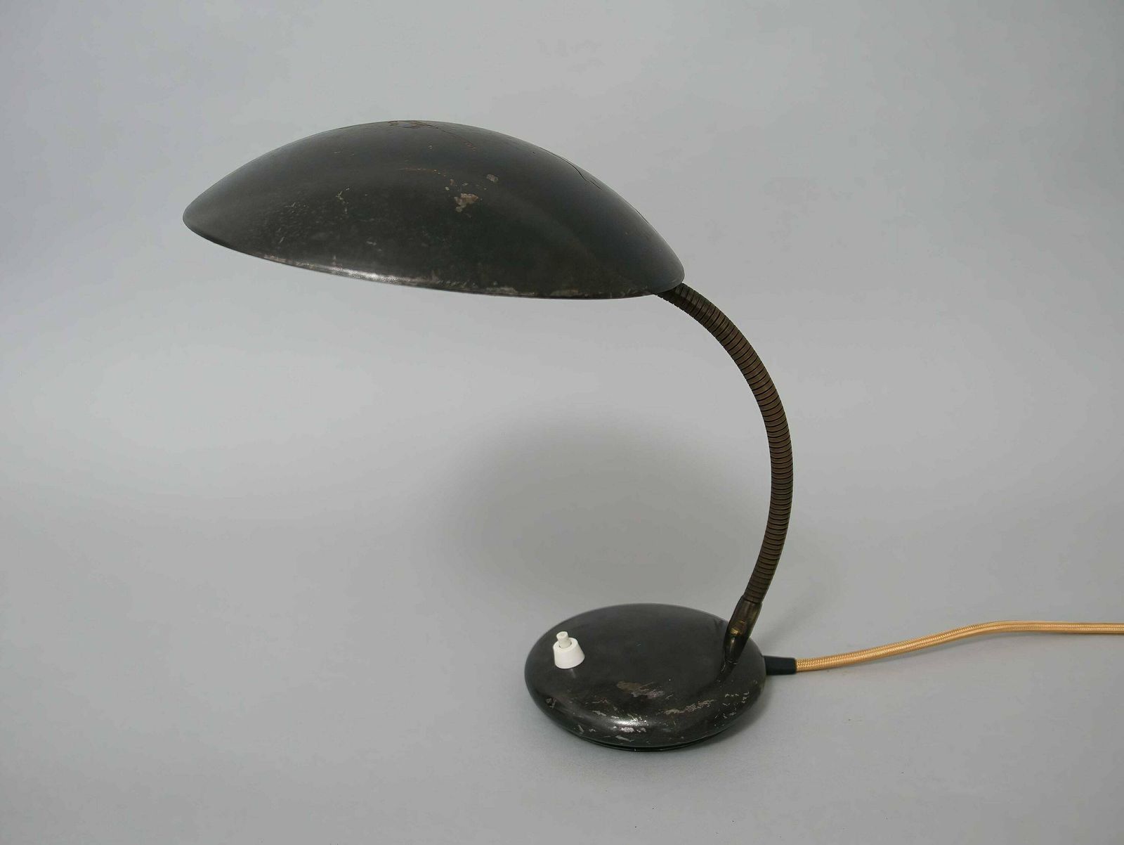 Black Vintage Mid Century Gooseneck Desk Lamp With Gold Cable And Beautiful Patina, 1950s: Stylish Illumination For Home Decor