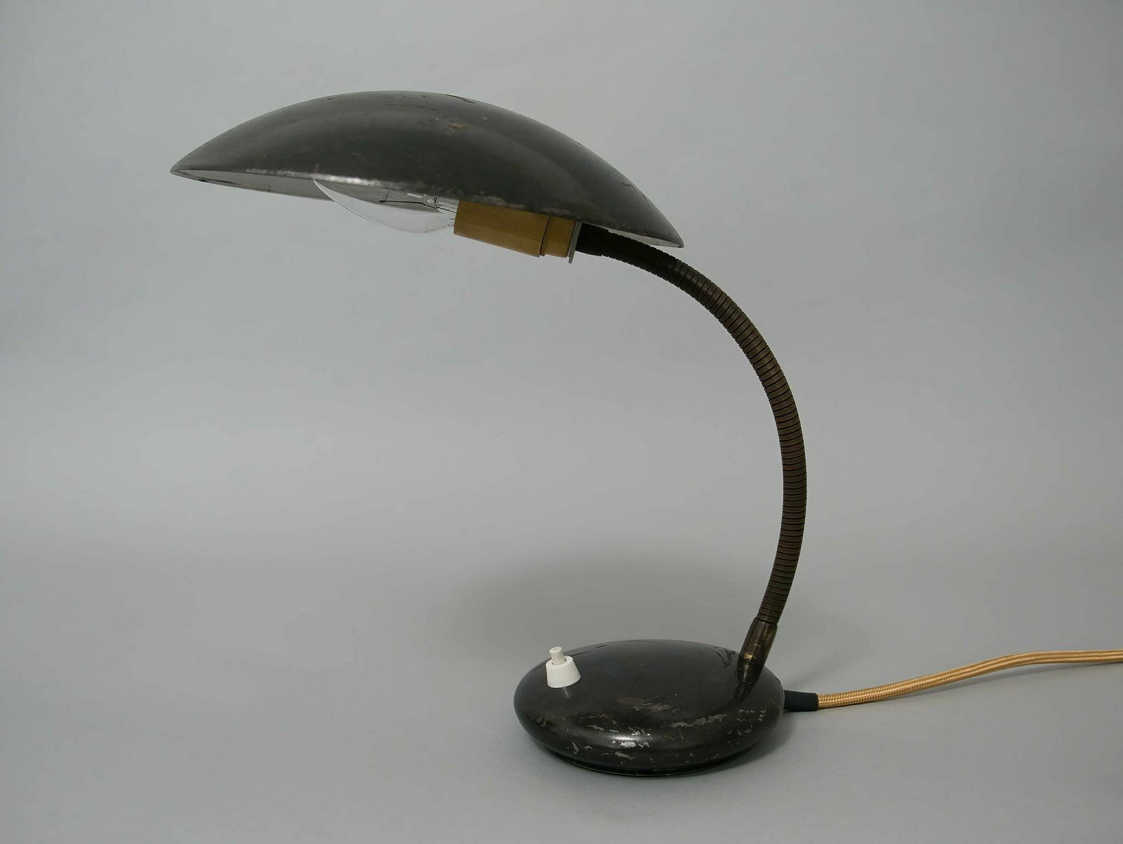 Black Vintage Mid Century Gooseneck Desk Lamp With Gold Cable And Beautiful Patina, 1950s: Stylish Illumination For Home Decor photo Lighting