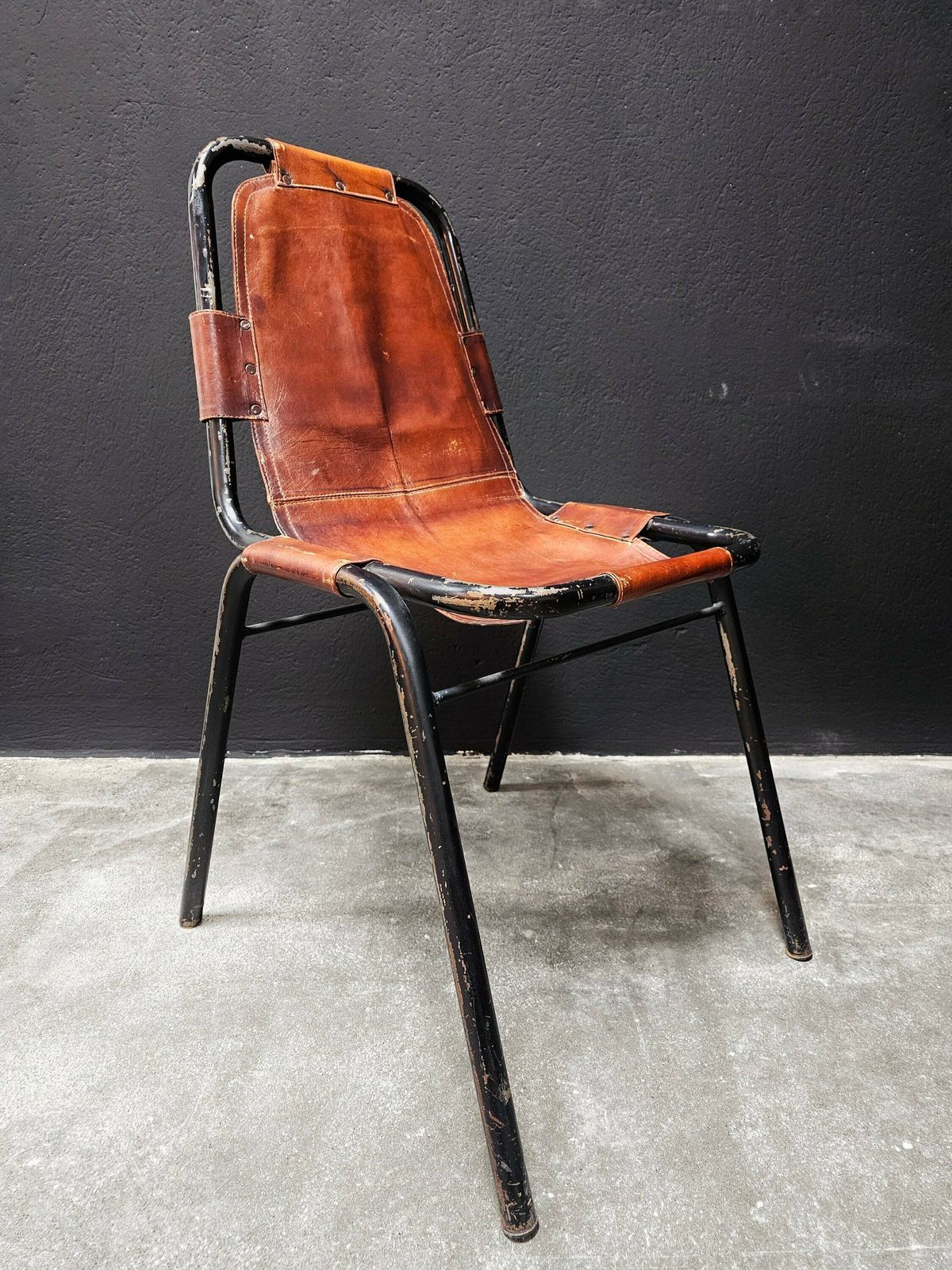 Set Of 3 Bauhaus Chairs "Les Arcs" By Charlotte Perriand, Early Edition // Cognac Leather Dining Chairs // Made In France In 1950s photo buy