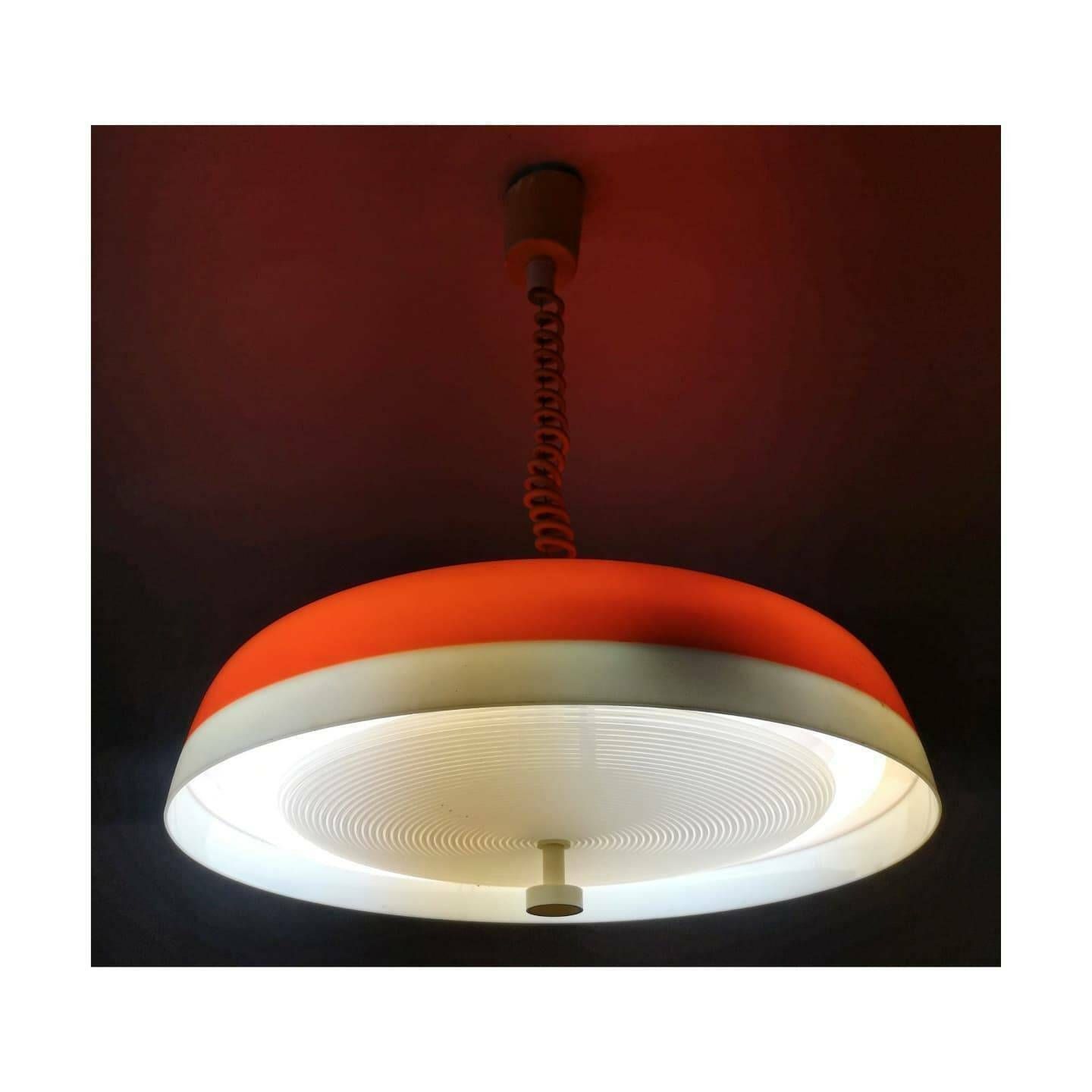 Rare Orange Space Age Pendant // Adjustable Atomic Age Pendant Light // Made In East Germany In 1970s // Acrylic Pull Up Hanging Lamp photo furniture