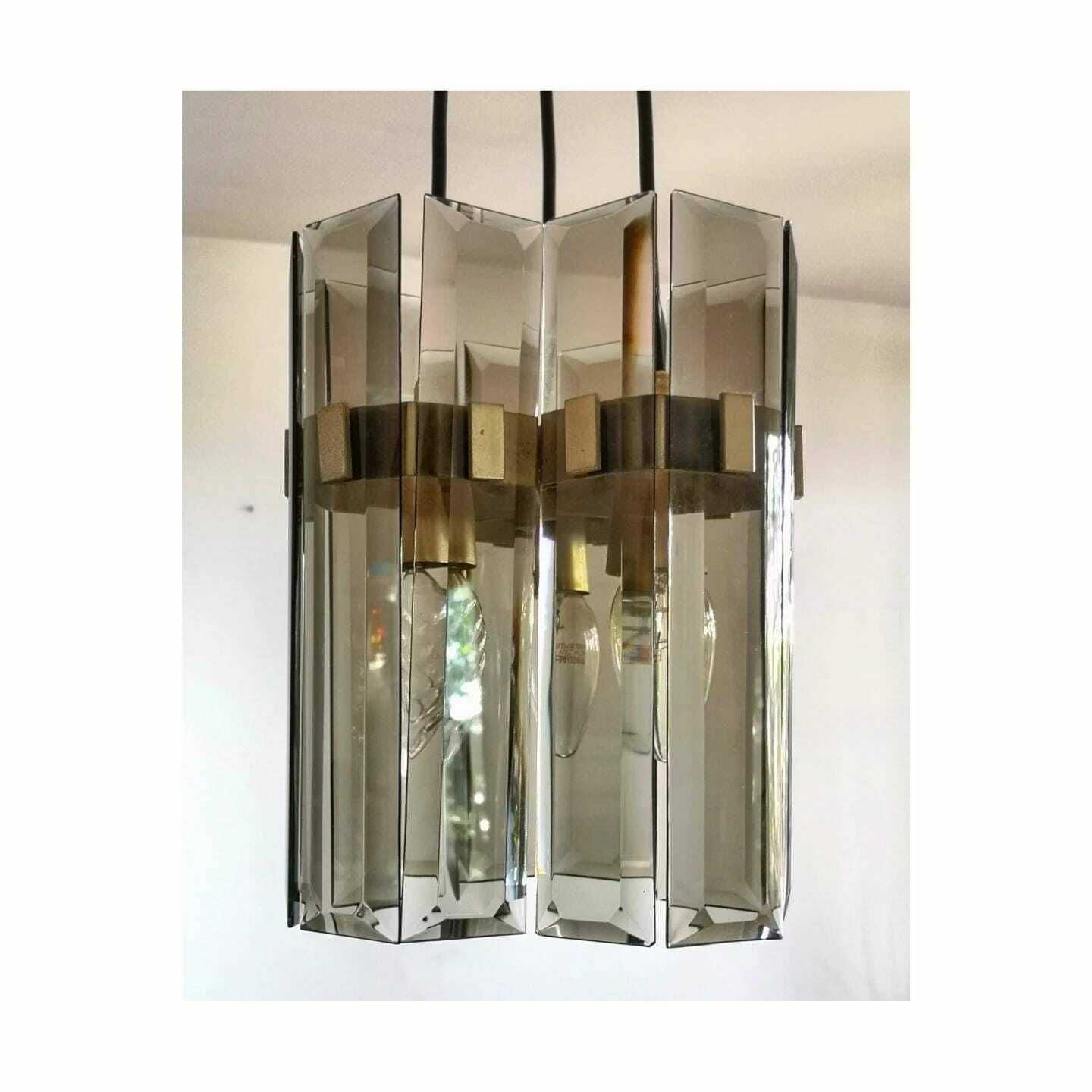 Fontana Arte Light Pendant And Pair Of Sconces // Fontana Arte Wall Lamps // Smoked Glass Pendant // Made In Italy In 1970s photo Lighting