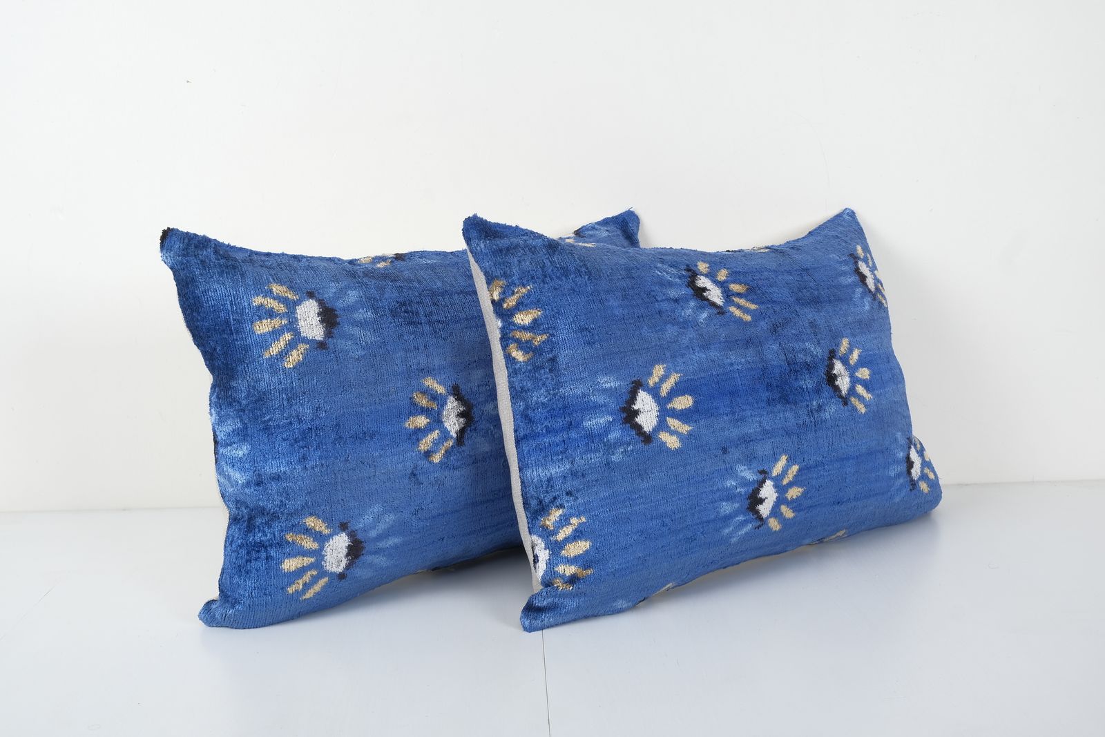 Blue Silk Ikat Velvet Pillow, Pair Handloomed Lamb Design Lumbar Cushion Cover, Set Blue Lumbar Pillows, Home Decor 16'' X 24'' photo furniture