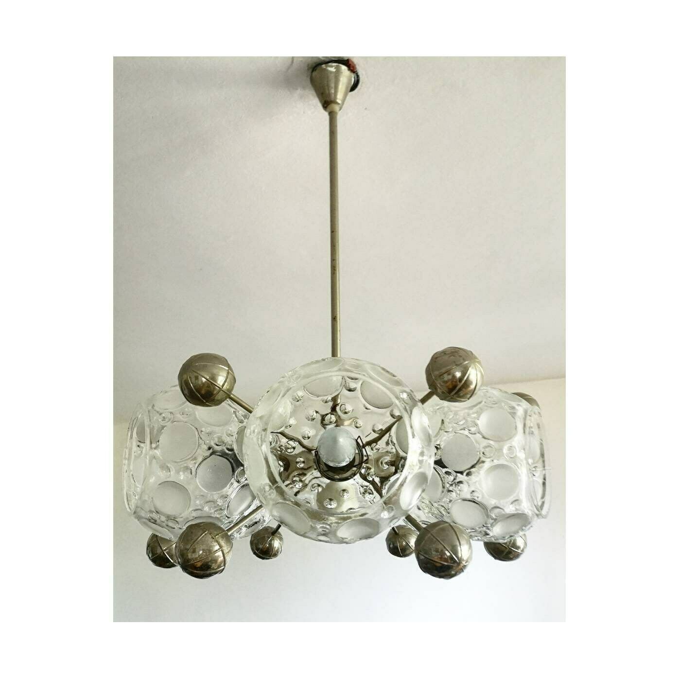 Sputnik Chandelier With 6 Lights In Thick Relief Glass / Space Age Chandelier In Chrome And Glass / Atomic Age Chandelier / Made In Germany photo Lighting