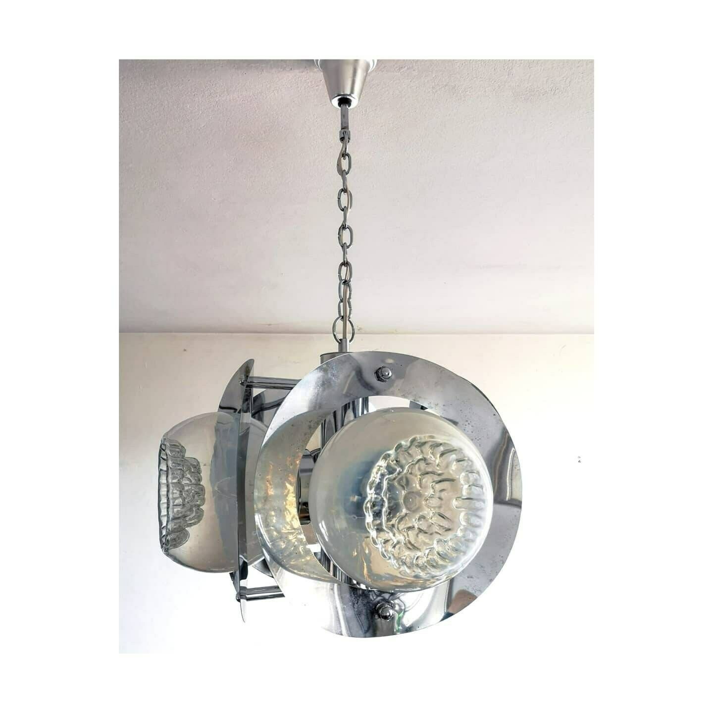 1970s Space Age Mazzega Chandelier With 4 Murano Textured Glass Shades // Space Age Chandelier With Chrome Fixture // Made In Italy photo furniture