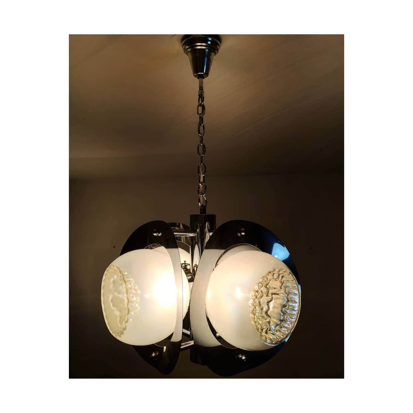 1970s Space Age Mazzega Chandelier With 4 Murano Textured Glass Shades // Space Age Chandelier With Chrome Fixture // Made In Italy photo buy