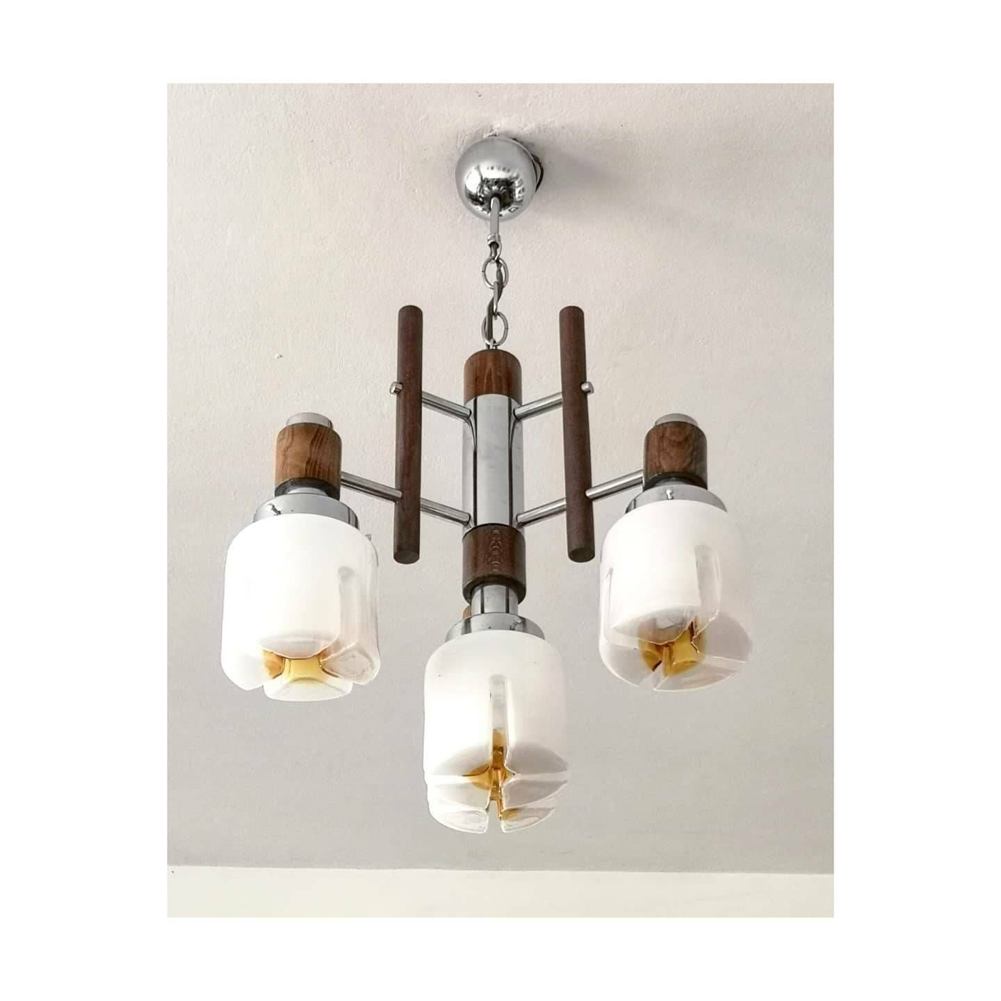 1970s Mazzega Chandelier // Mid Century Modern Chandelier With Murano Cylinder Glass Shades // Made In Italy