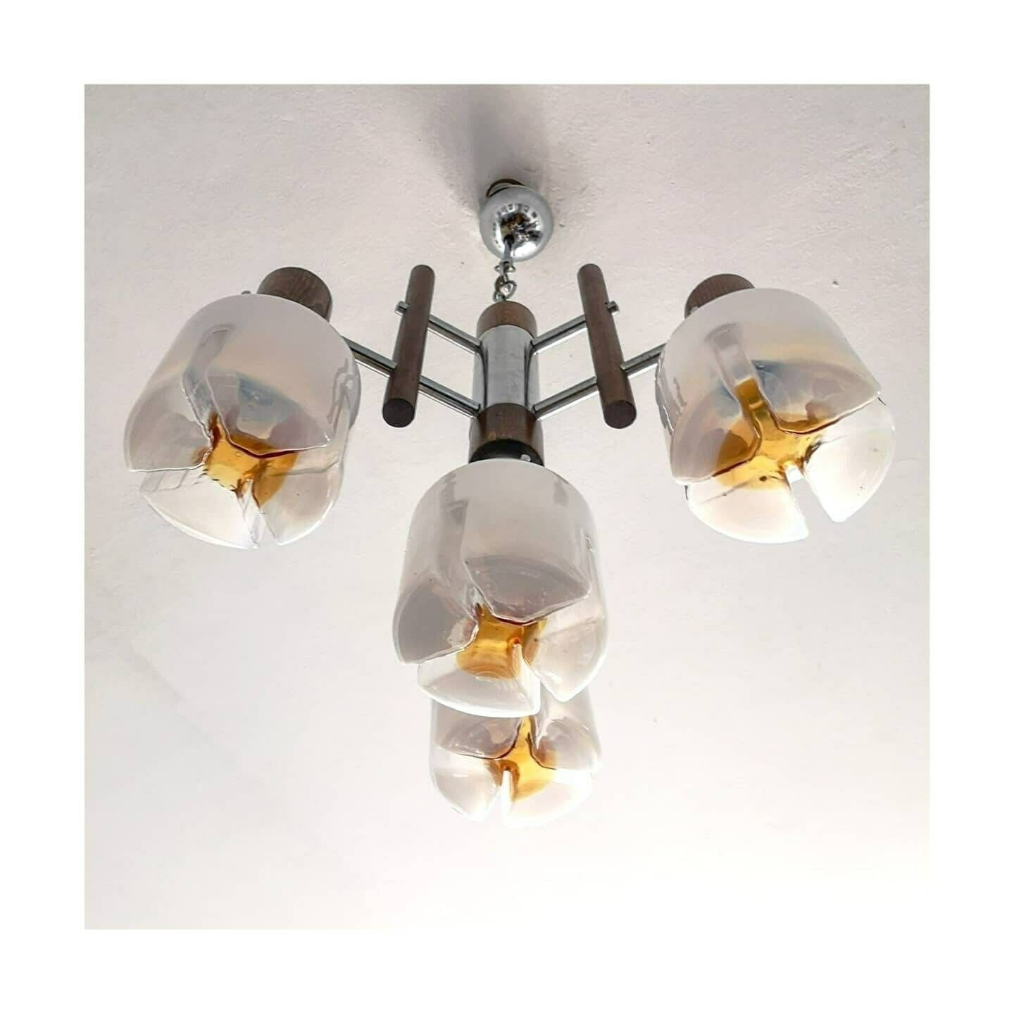 1970s Mazzega Chandelier // Mid Century Modern Chandelier With Murano Cylinder Glass Shades // Made In Italy photo vintage