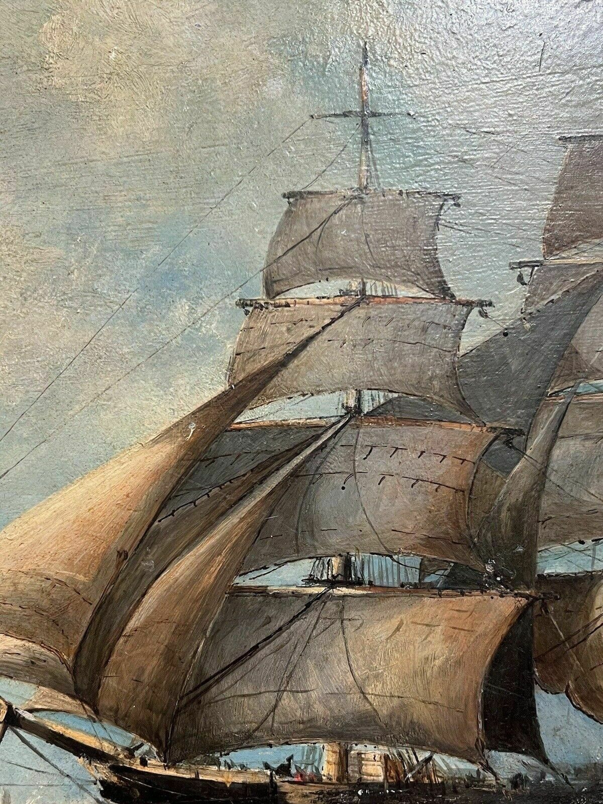 19th Century Maritime Painting Of British Full Rigged Sailing Ship On Rough Seas photo vintage