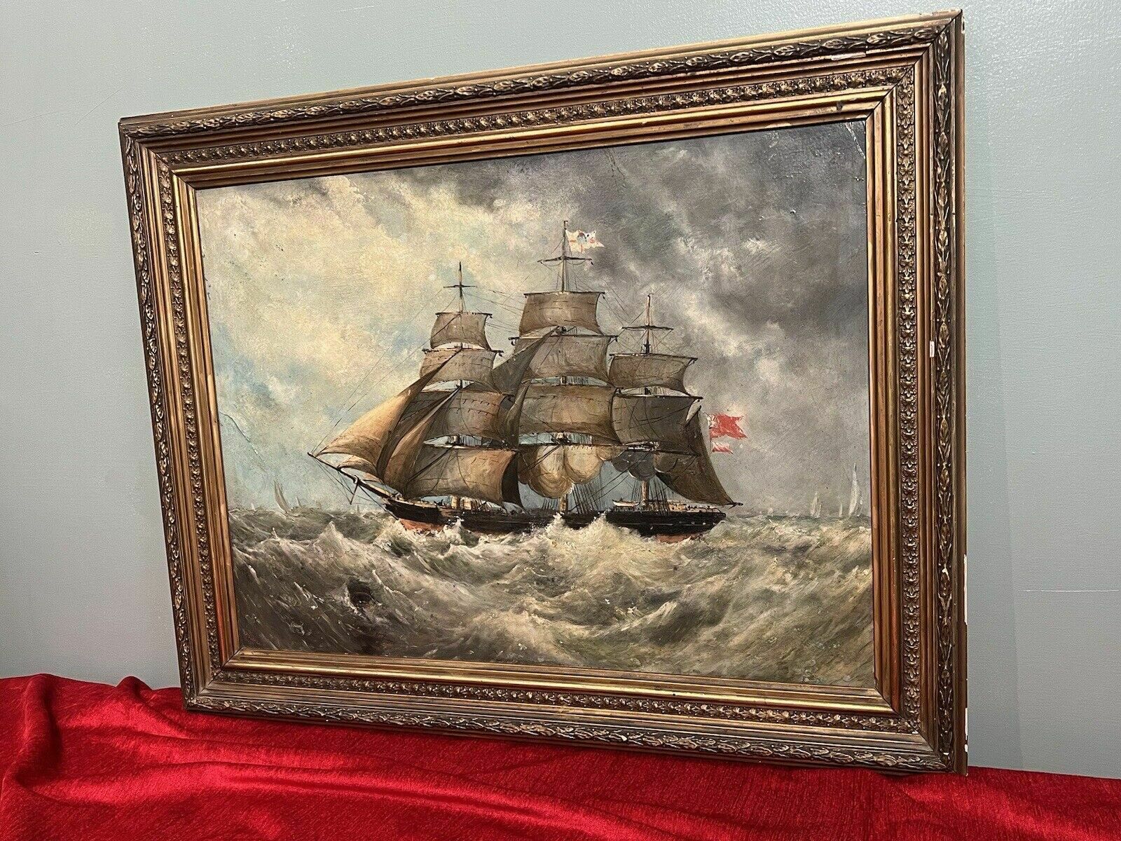 photo buy 19th Century Maritime Painting Of British Full Rigged Sailing Ship On Rough Seas