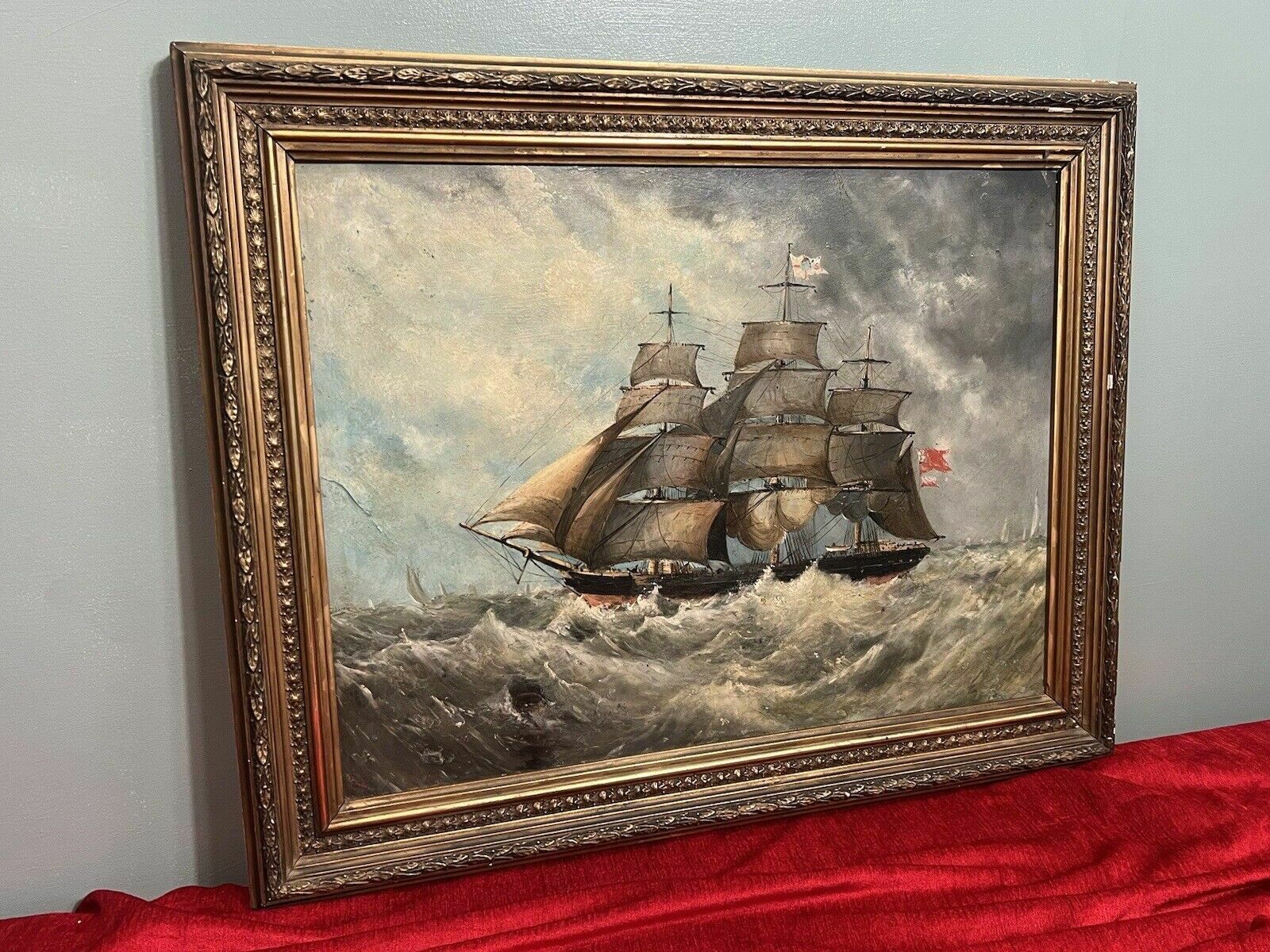 photo vintage 19th Century Maritime Painting Of British Full Rigged Sailing Ship On Rough Seas