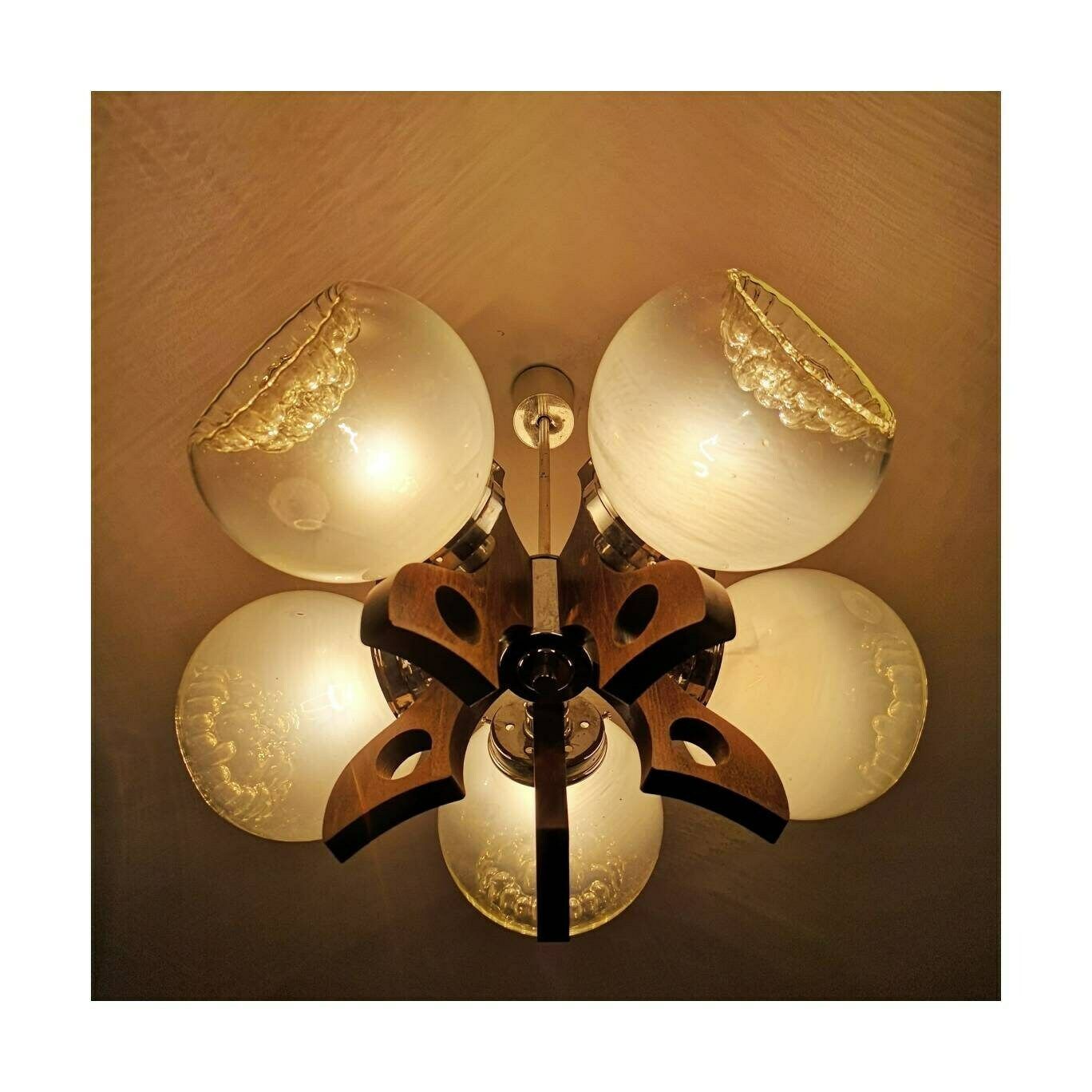 1970s Sculptural Mid Century Chandelier With Five Mazzega Murano Glass Pendants // Massive Mid Century Modern Chandelier // Butterfly Wings photo Lighting