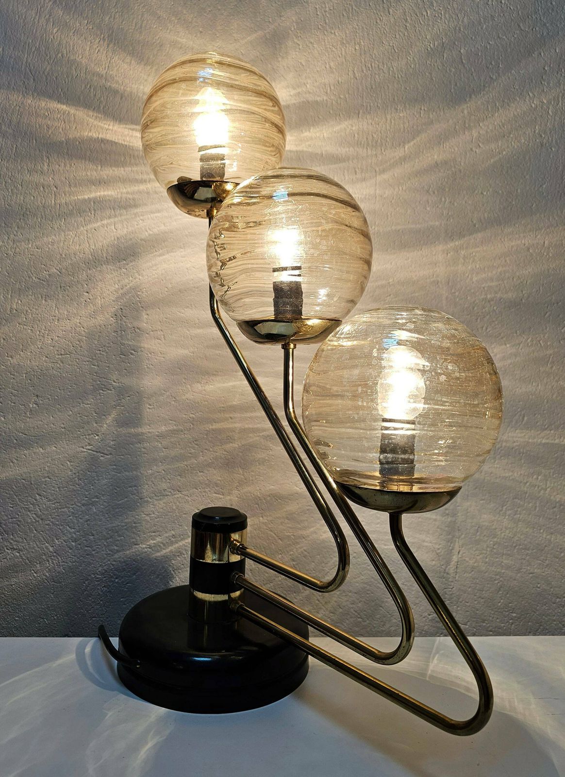 Mid Century Modern 3 Arm Table Lamp In Black And Gold With Texture Glass Ball Shades Made In Yugoslavia In 1960s photo Lighting