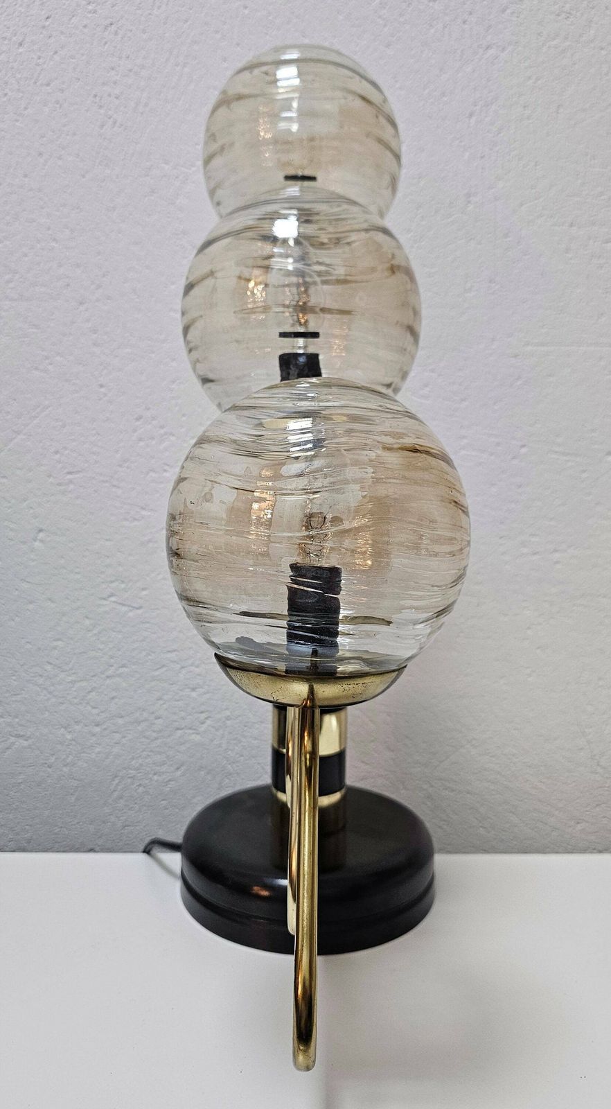 photo furniture Mid Century Modern 3 Arm Table Lamp In Black And Gold With Texture Glass Ball Shades Made In Yugoslavia In 1960s