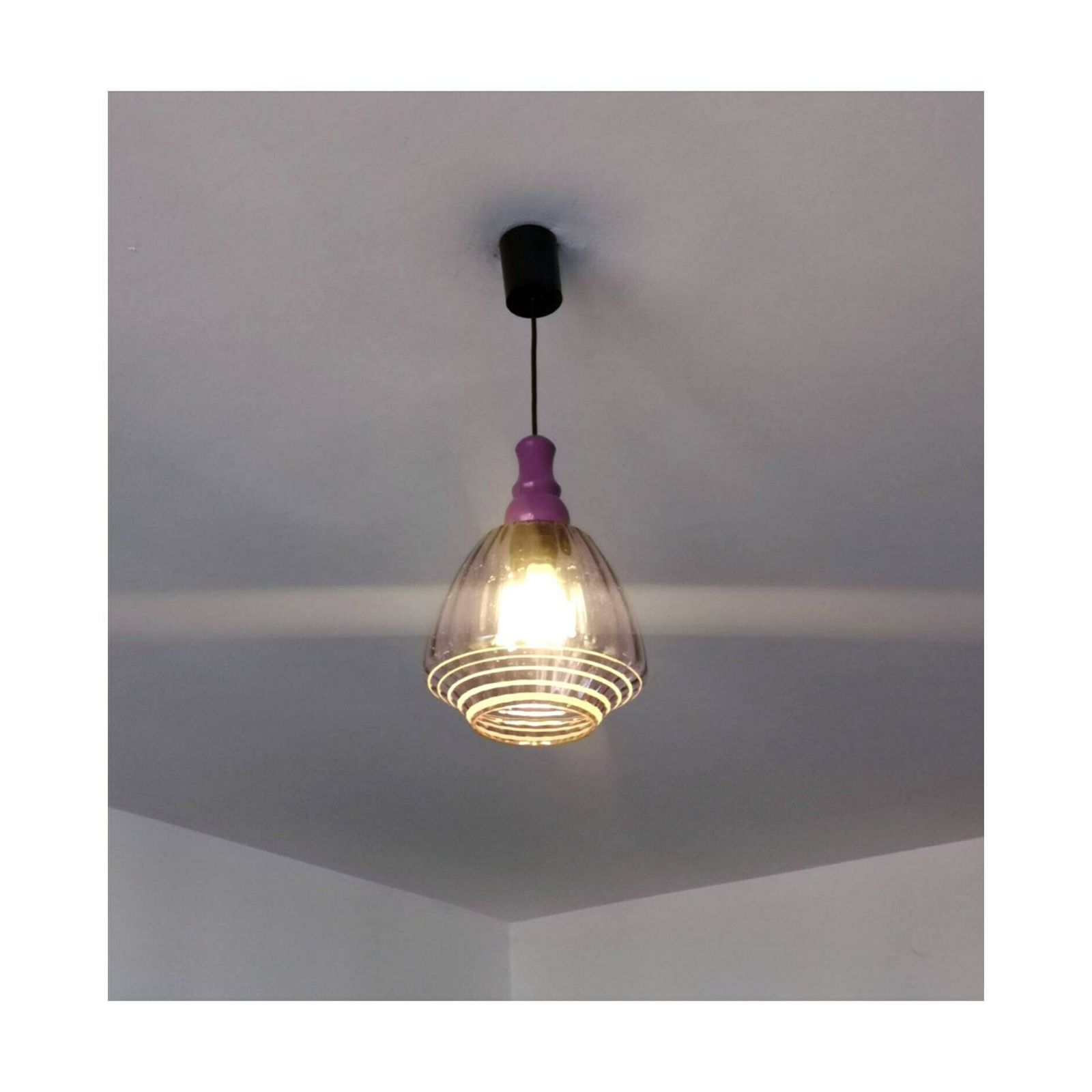 1950s Late Art Deco Light Pendant // Vintage Hanging Lamp With Light Purple Glass Shade // Made In Yugoslavia photo vinterior