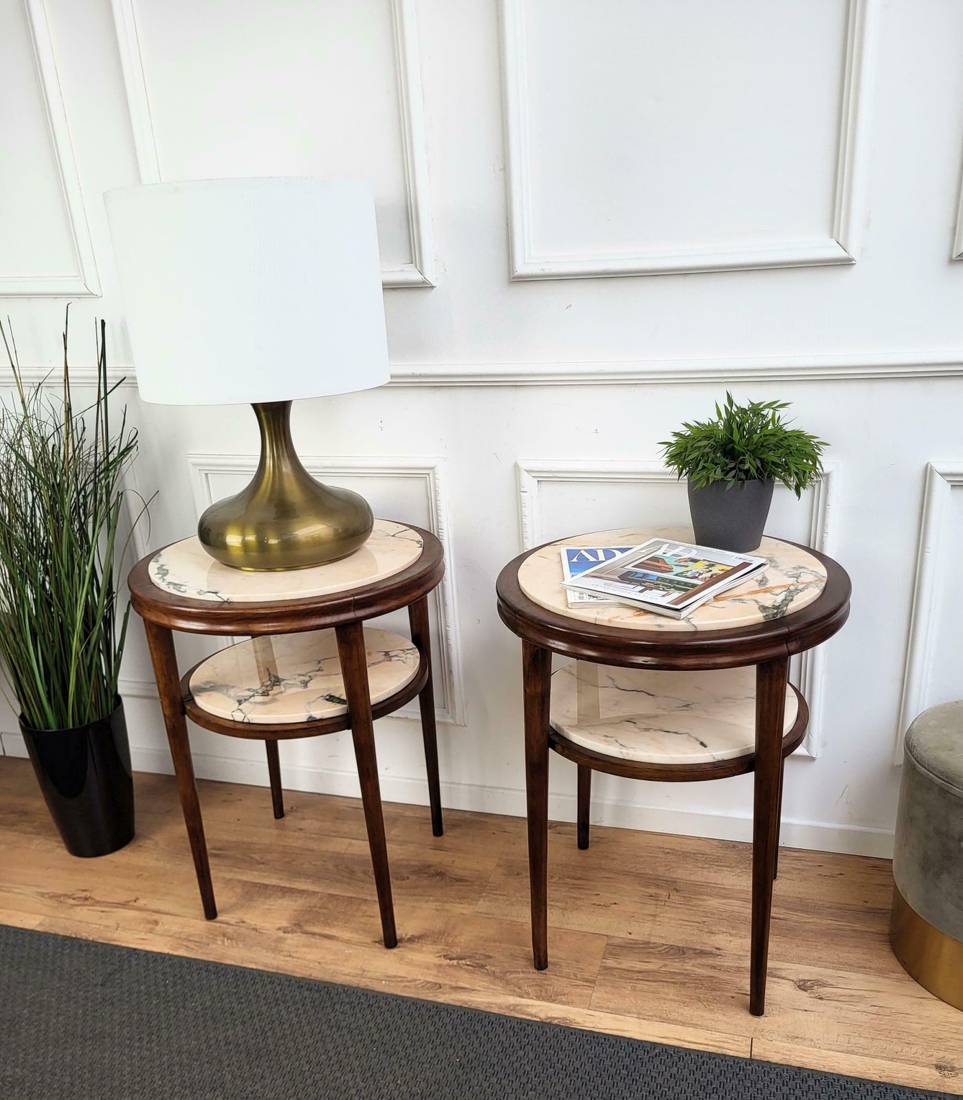 Pair Of Italian Art Deco Sofa Side End Tables In Walnut Woold And Marble Us$2,723.29per Set photo furniture