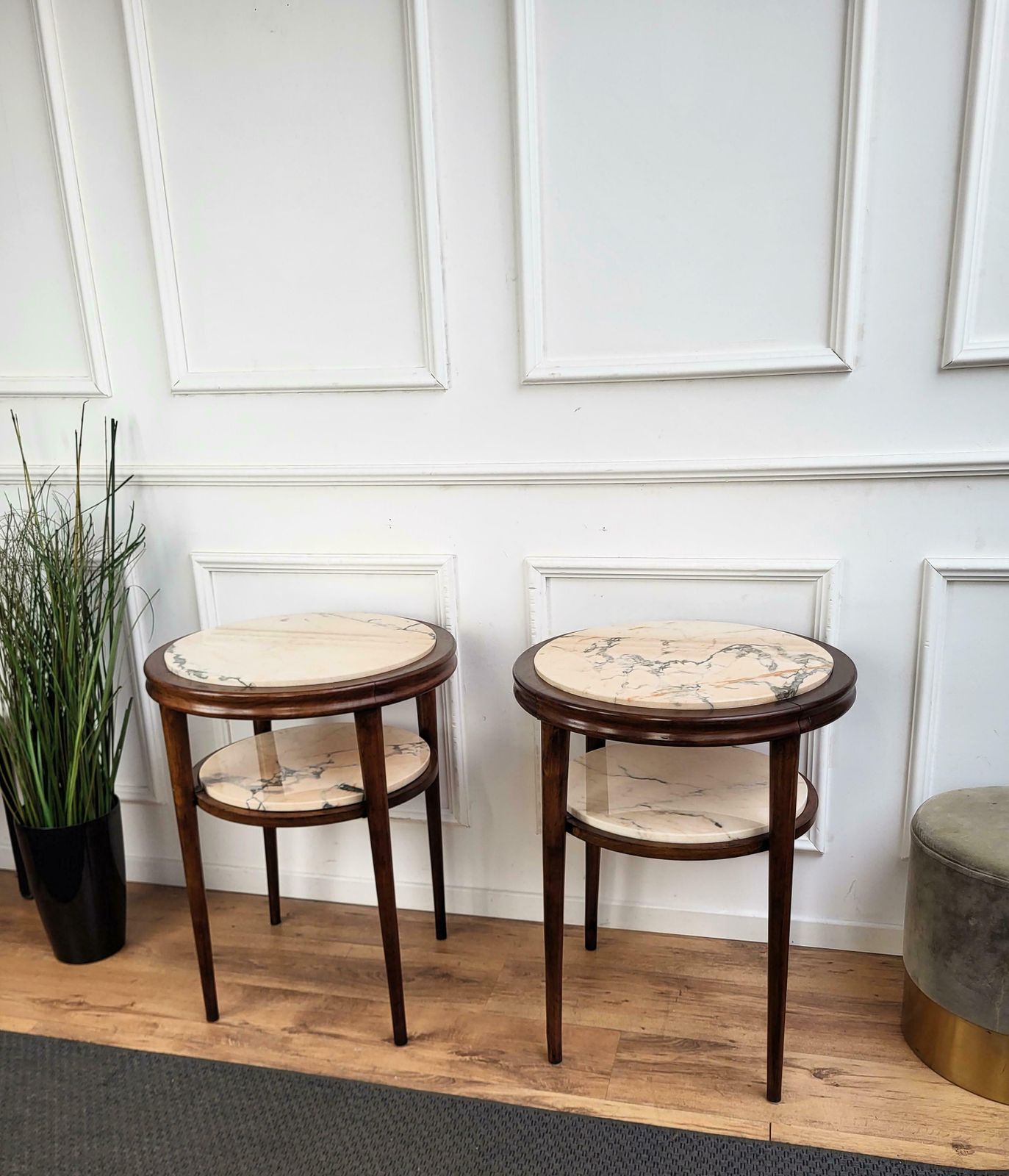 Pair Of Italian Art Deco Sofa Side End Tables In Walnut Woold And Marble Us$2,723.29per Set photo Furniture