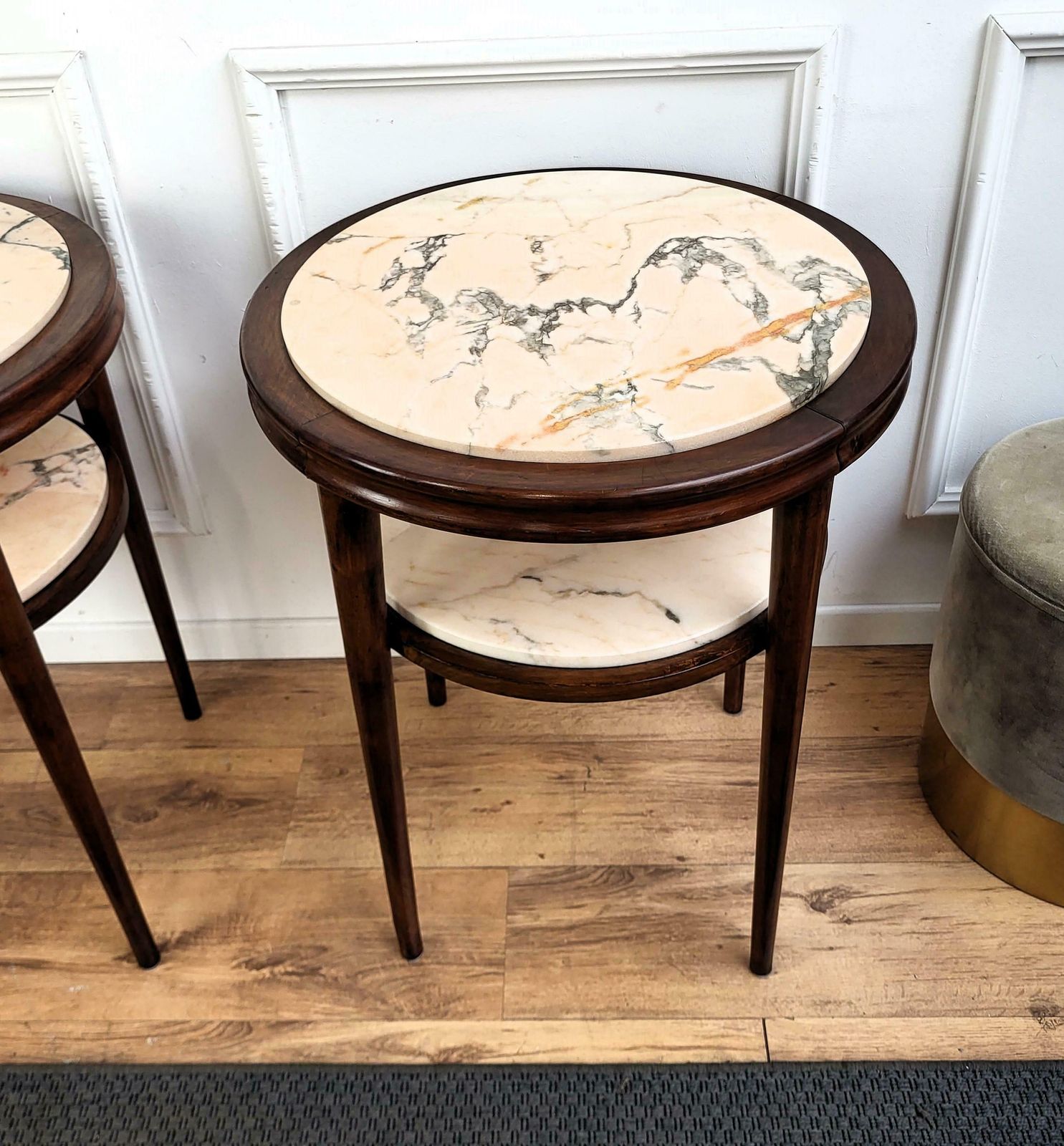 Pair Of Italian Art Deco Sofa Side End Tables In Walnut Woold And Marble Us$2,723.29per Set photo buy