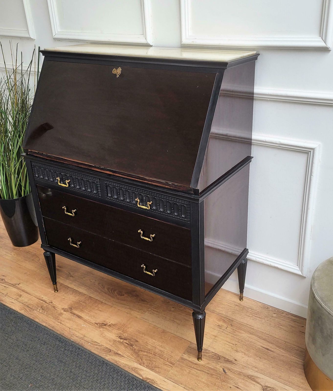 1960s Italian Art Deco Midcentury Walnut Marble Slant Front Desk Table Secretary photo buy